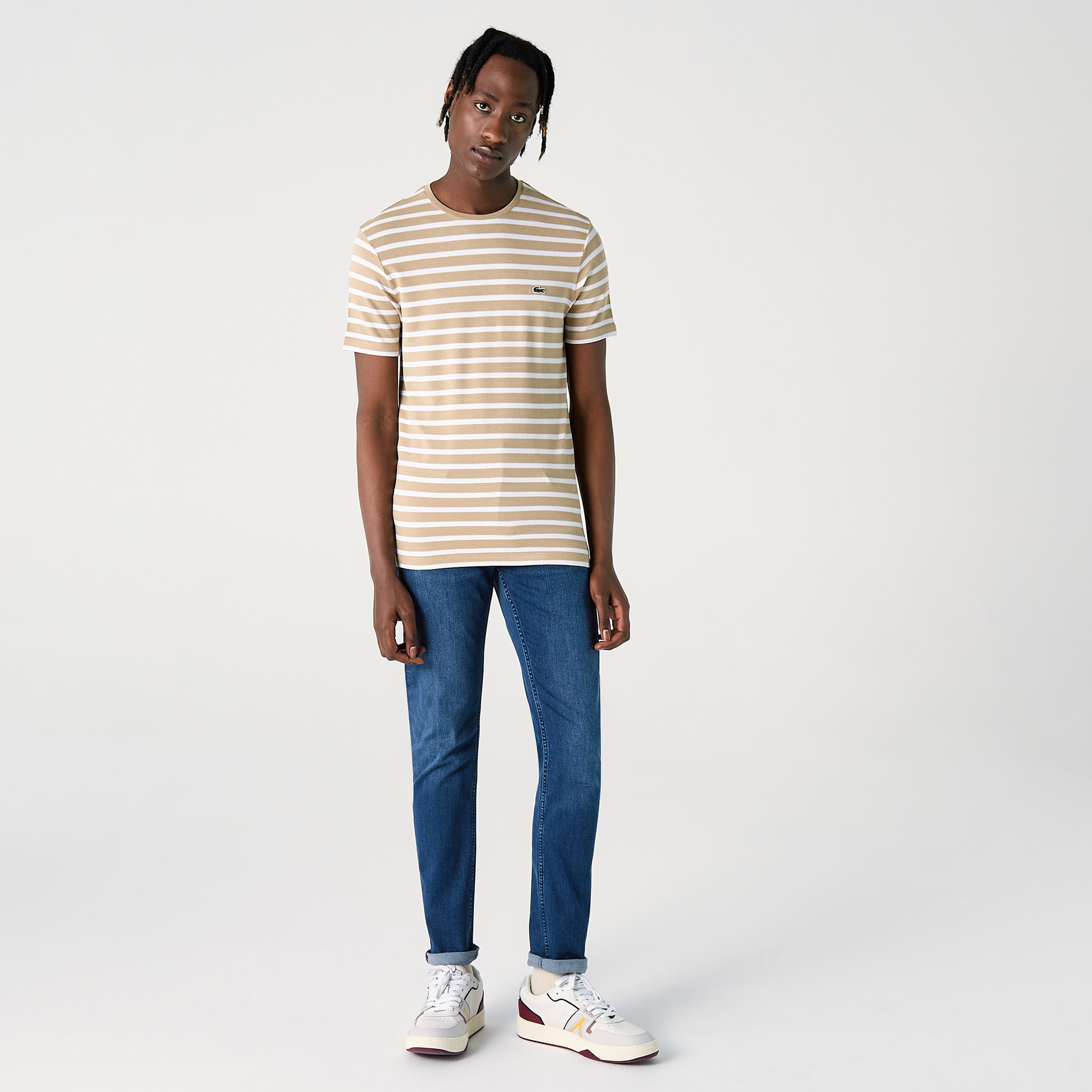 Erkek Slim Fit Bisiklet Yaka Çizgili Kahverengi T-Shirt