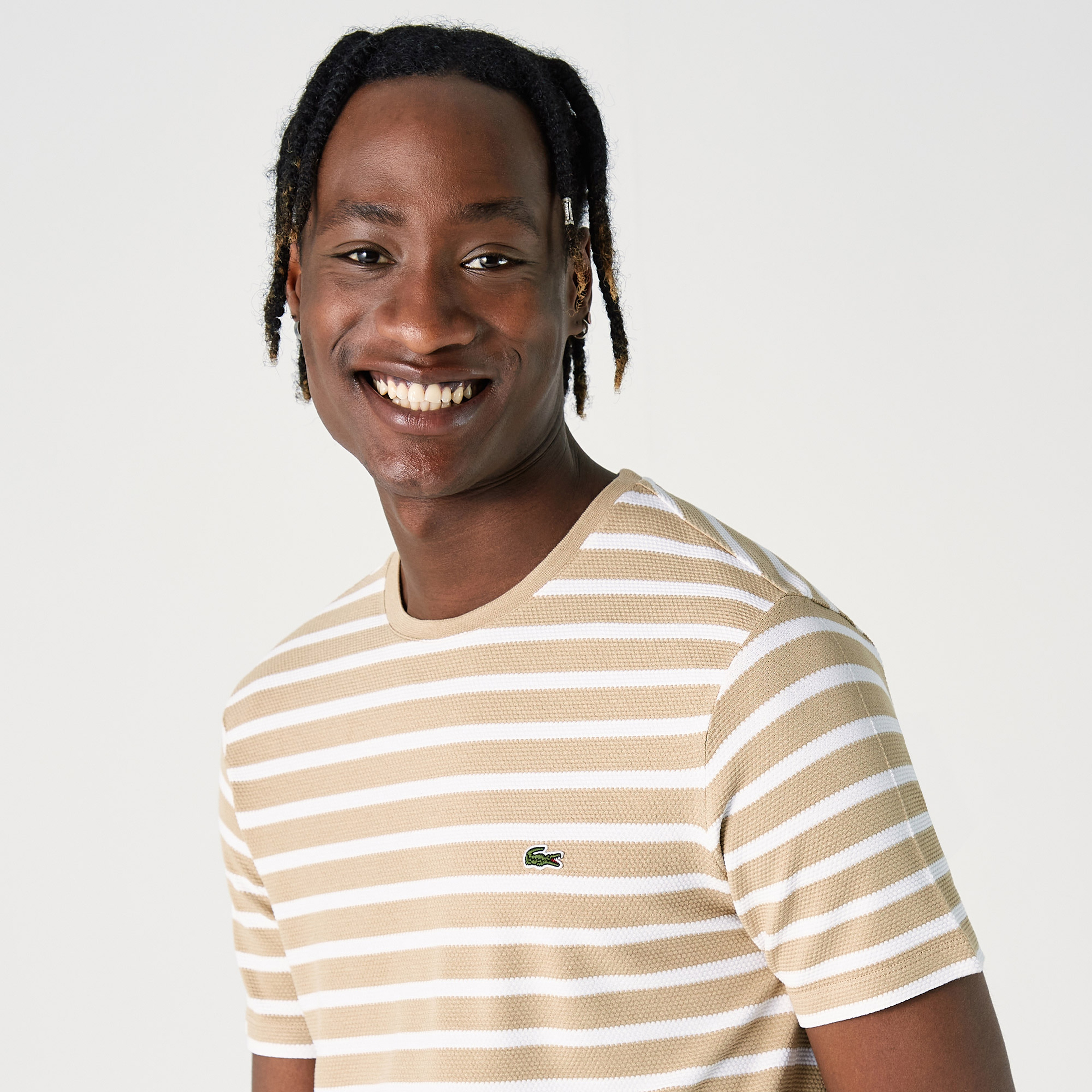 Erkek Slim Fit Bisiklet Yaka Çizgili Kahverengi T-Shirt