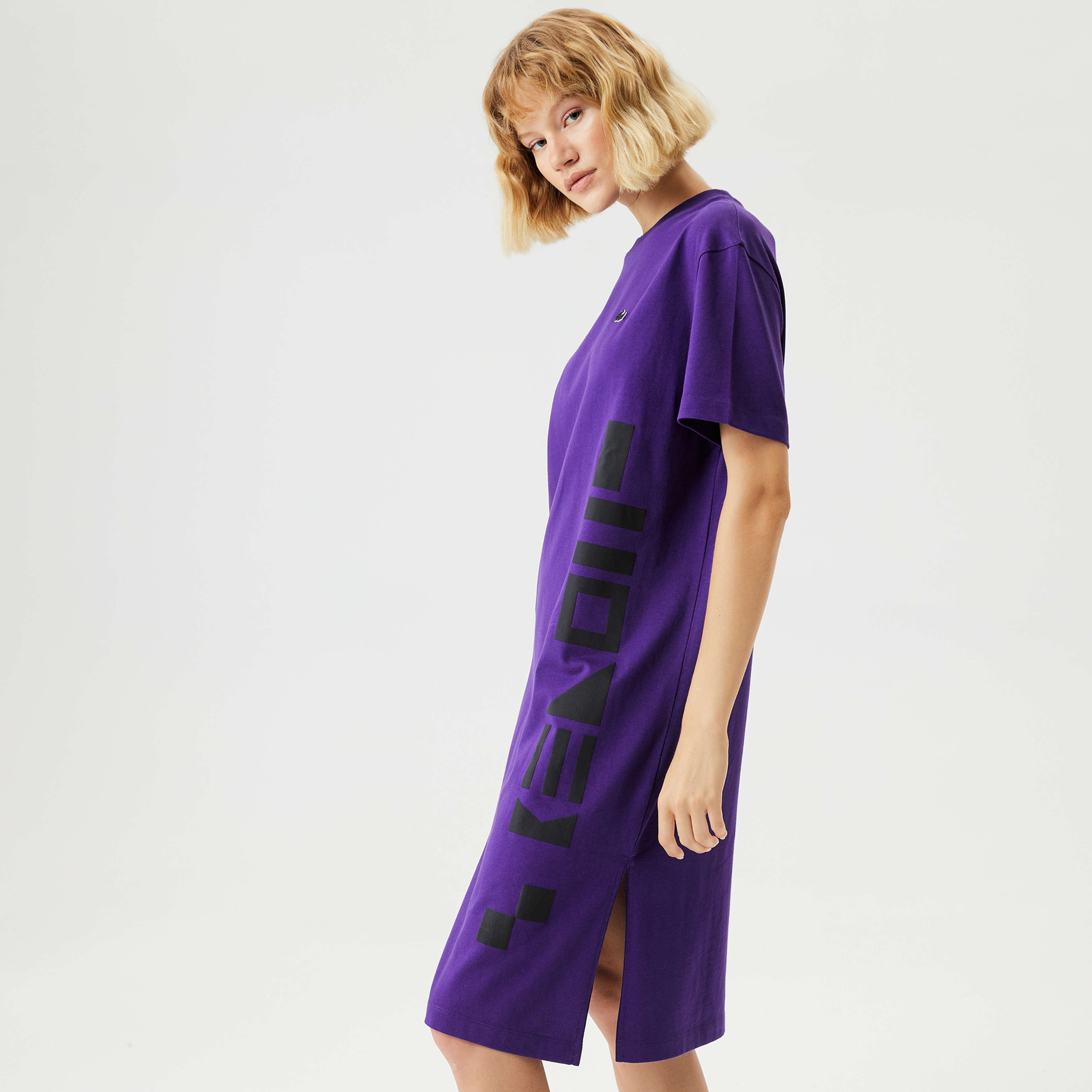 Lacoste Active Kadın Relaxed Fit Kısa Kollu Bisiklet Yaka Baskılı Mor Elbise