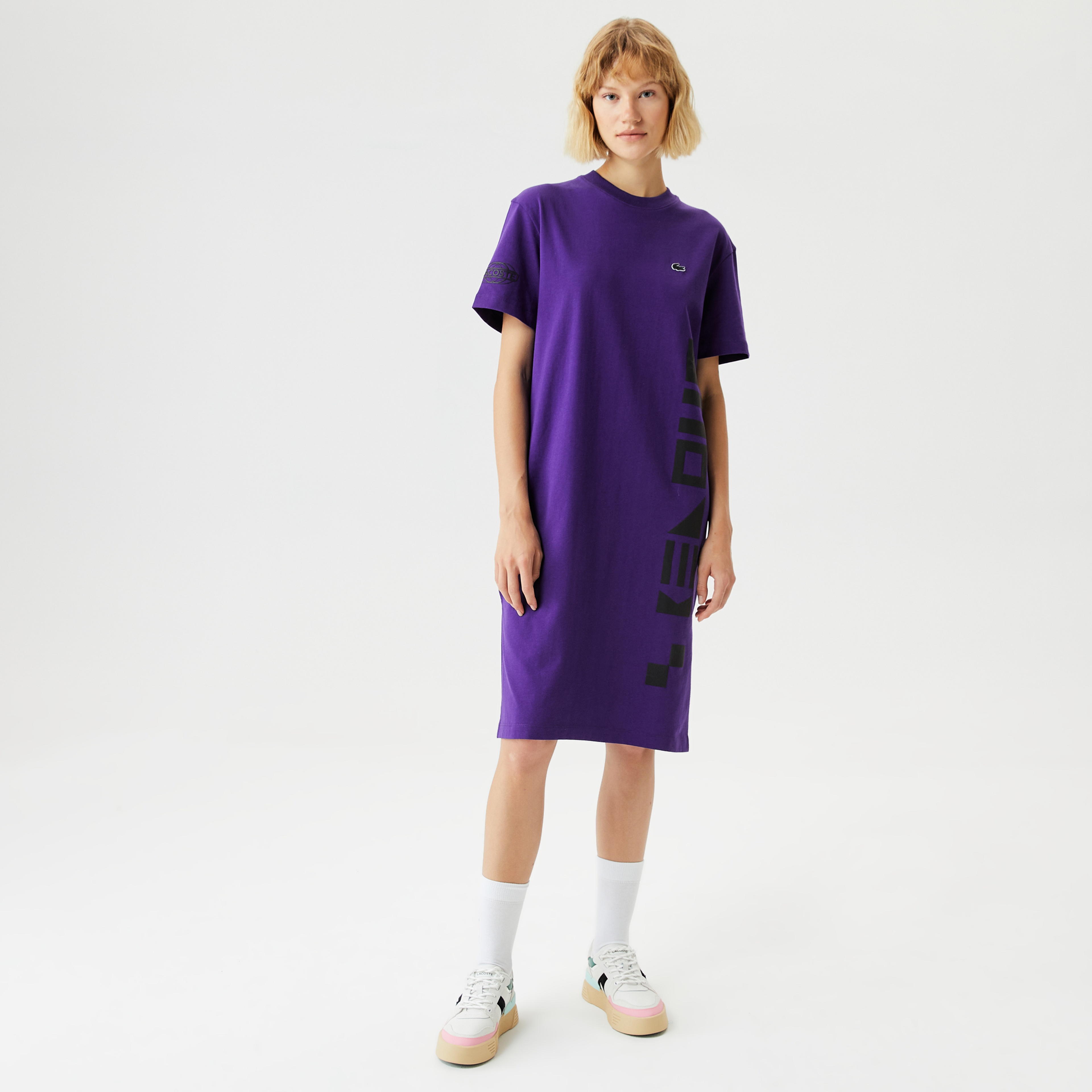 Lacoste Active Kadın Relaxed Fit Kısa Kollu Bisiklet Yaka Baskılı Mor Elbise