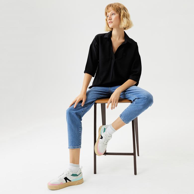 Kadın Regular Fit Truvakar Kollu V Yaka Siyah Bluz