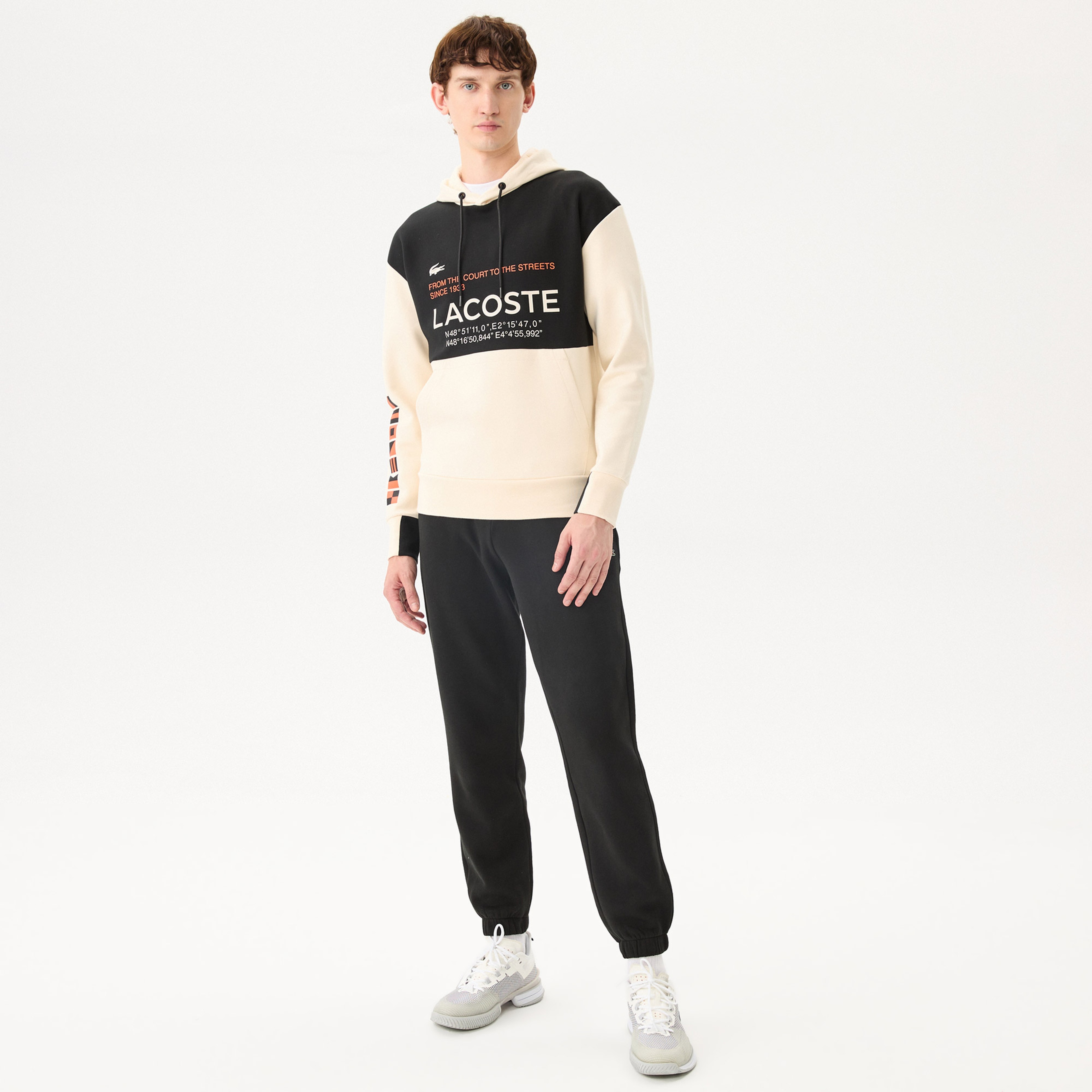 Lacoste Erkek Regular Fit Ayarlanabilir Kapüşonlu Renk Bloklu Baskılı Beyaz Sweatshirt