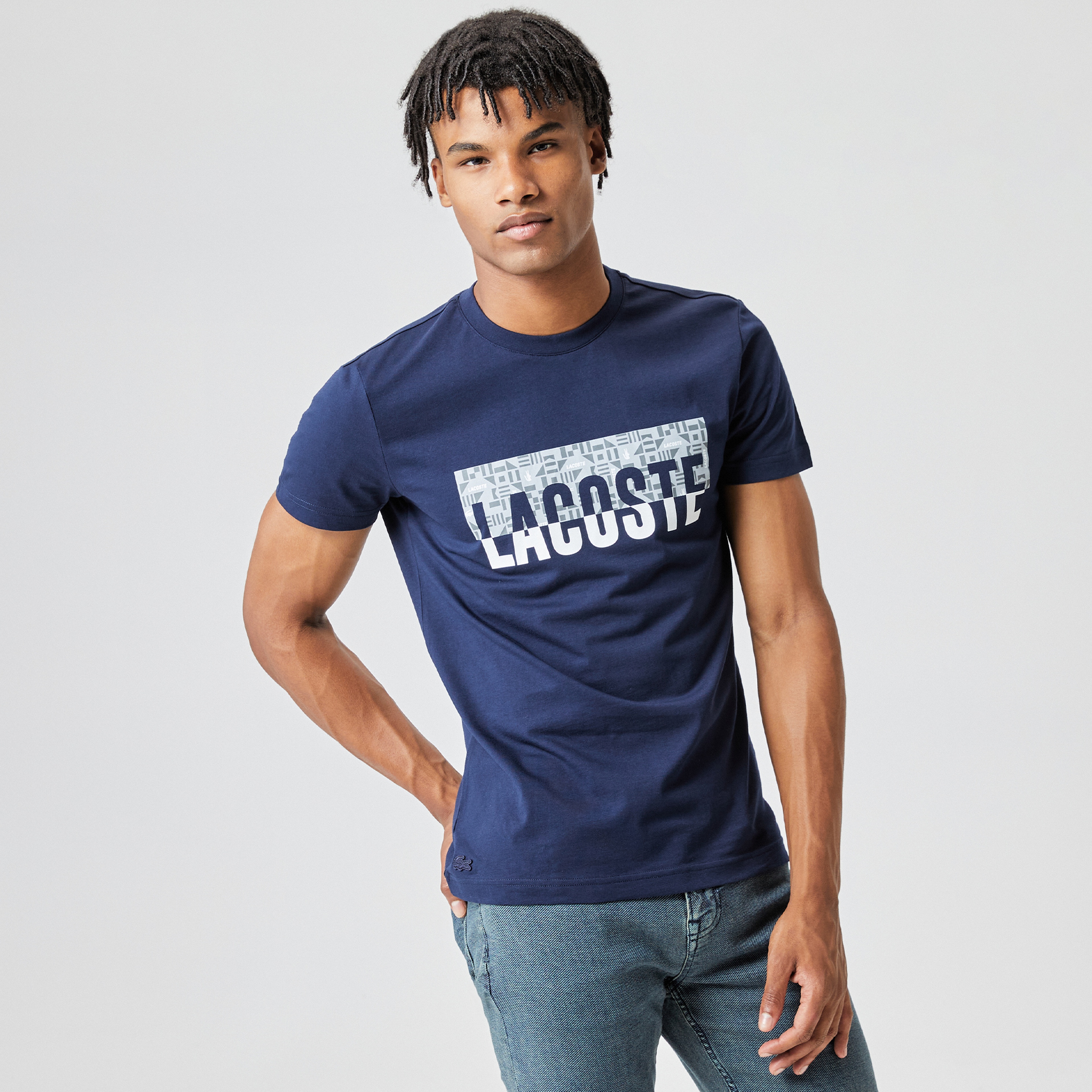 Lacoste Erkek Slim Fit Bisiklet Yaka Baskılı Lacivert T-Shirt