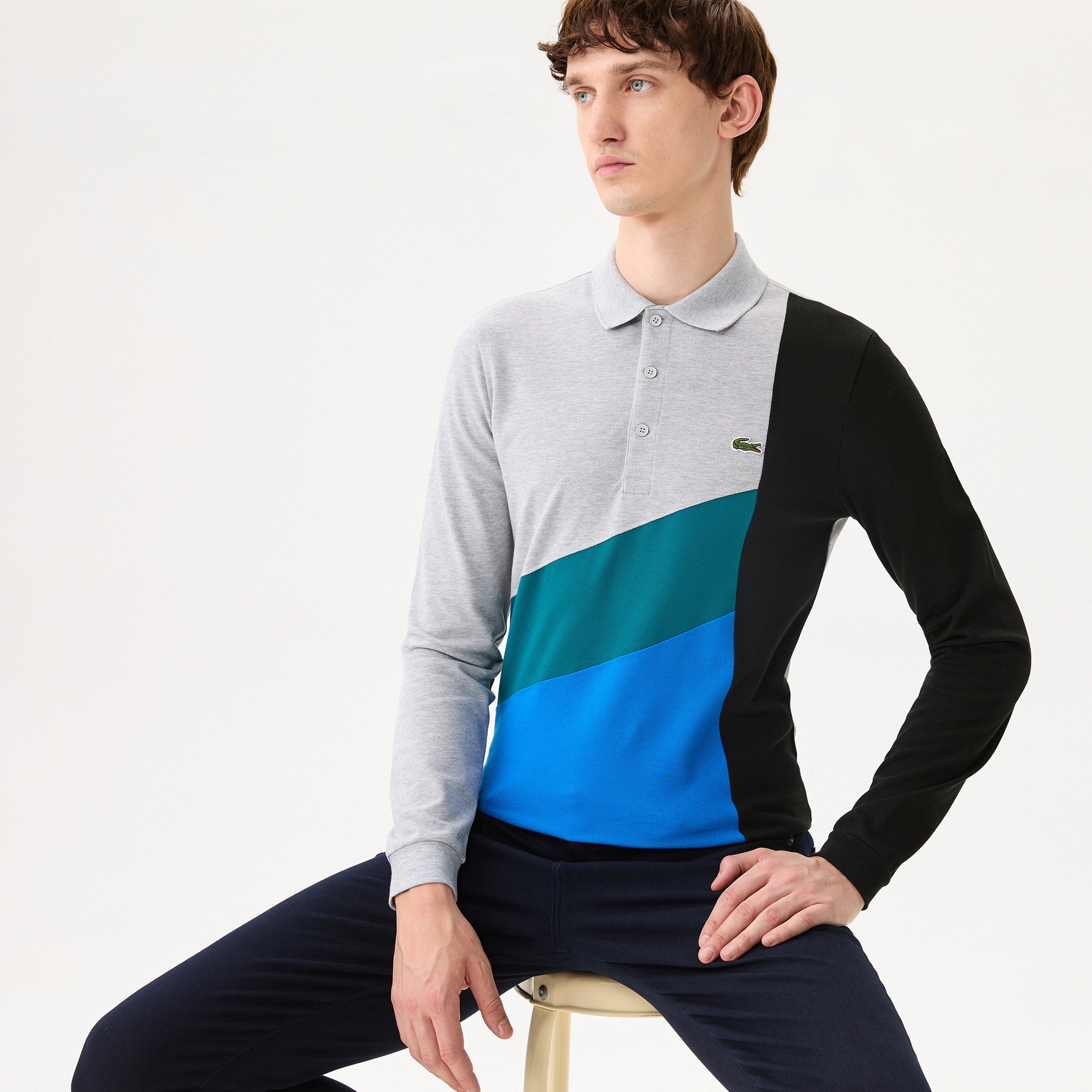 Lacoste Erkek Slim Fit Uzun Kollu Renk Bloklu Gri Polo