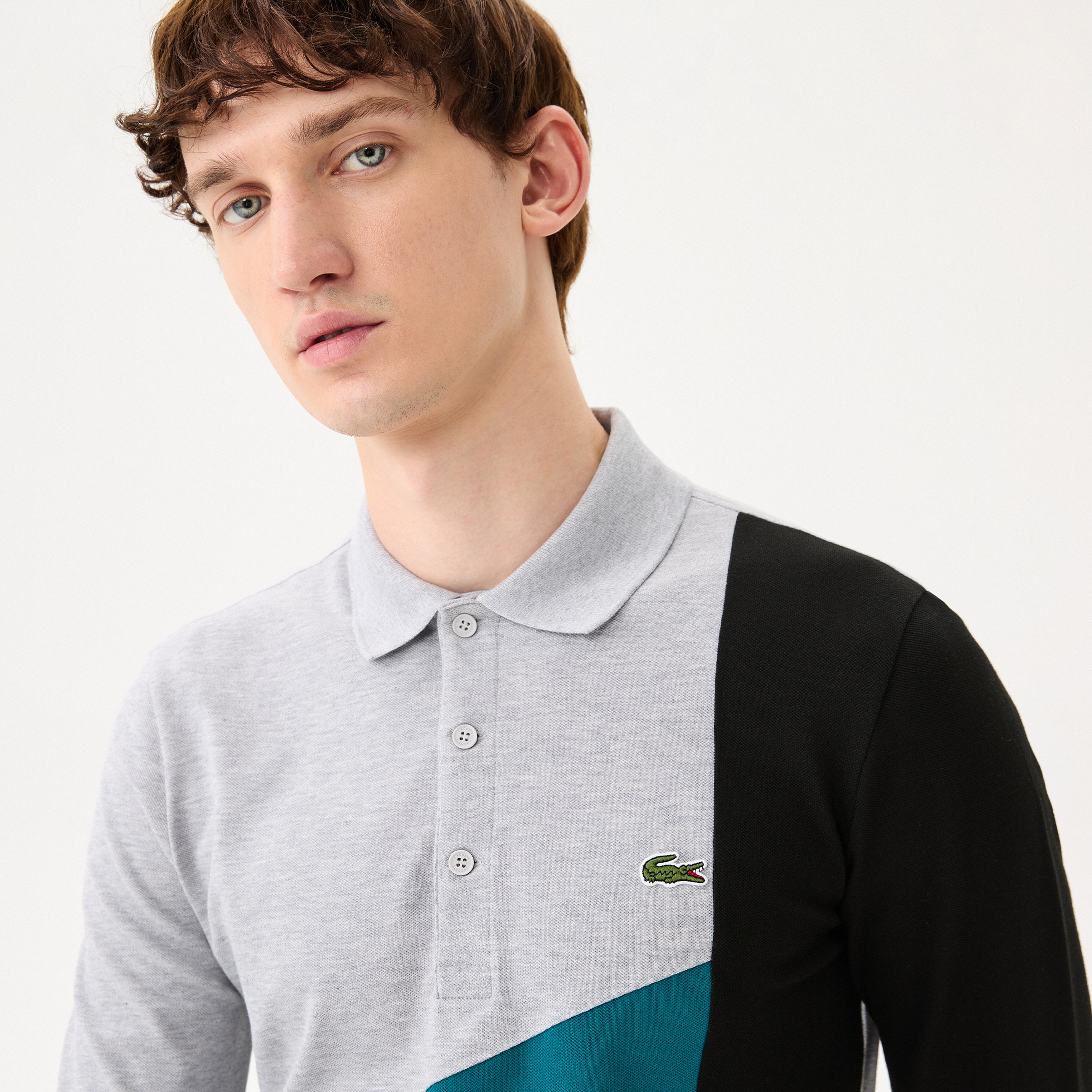 Lacoste Erkek Slim Fit Uzun Kollu Renk Bloklu Gri Polo