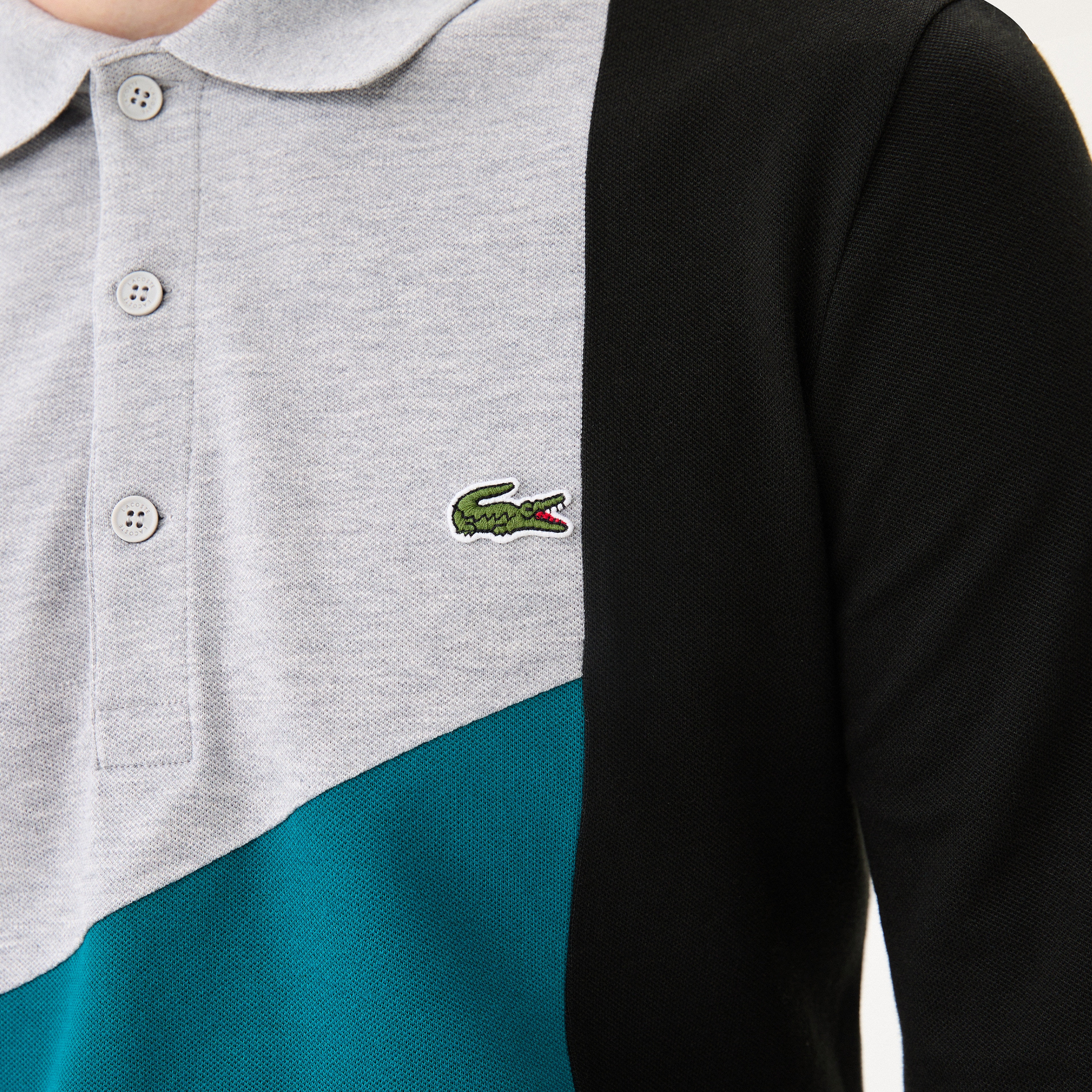 Lacoste Erkek Slim Fit Uzun Kollu Renk Bloklu Gri Polo