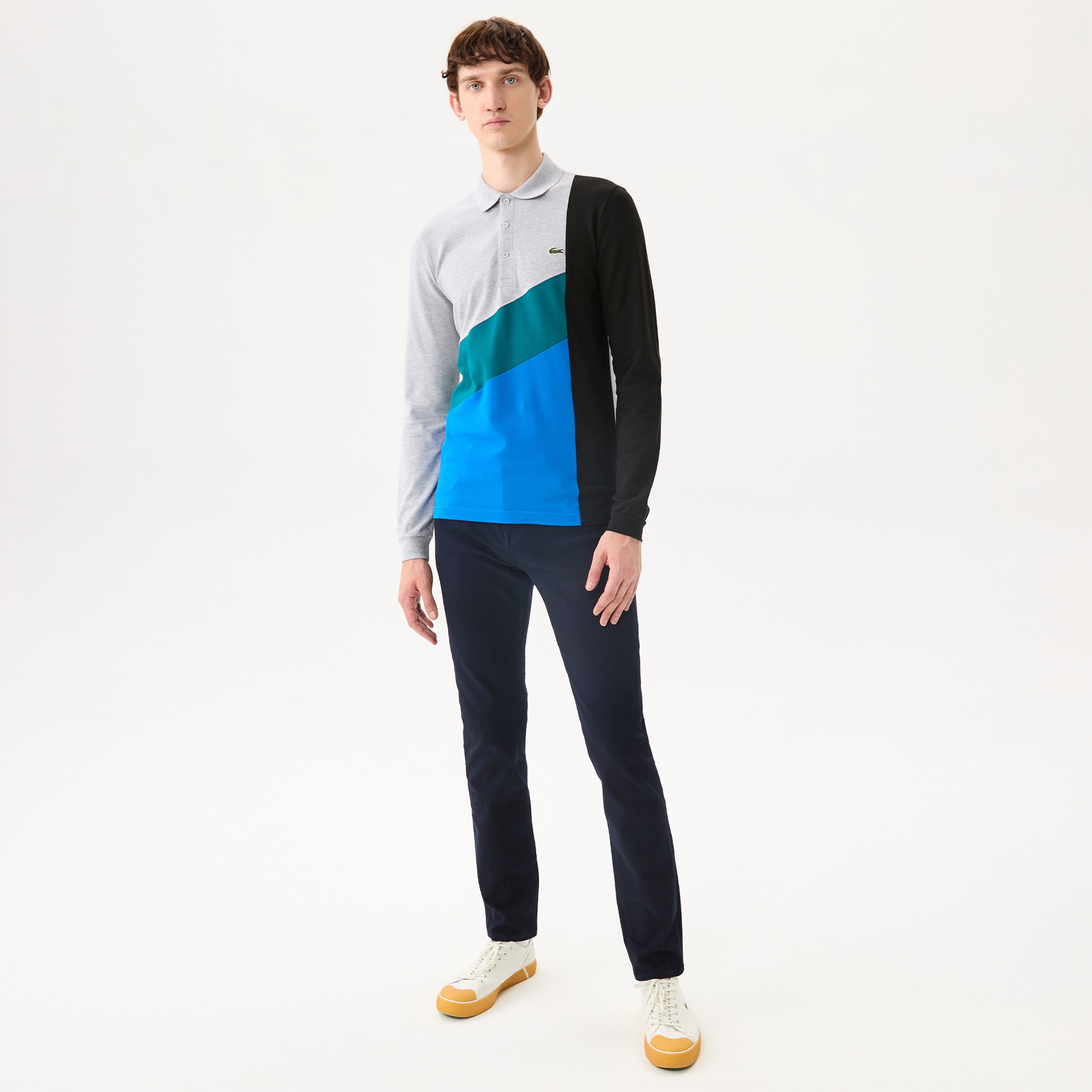 Lacoste Erkek Slim Fit Uzun Kollu Renk Bloklu Gri Polo