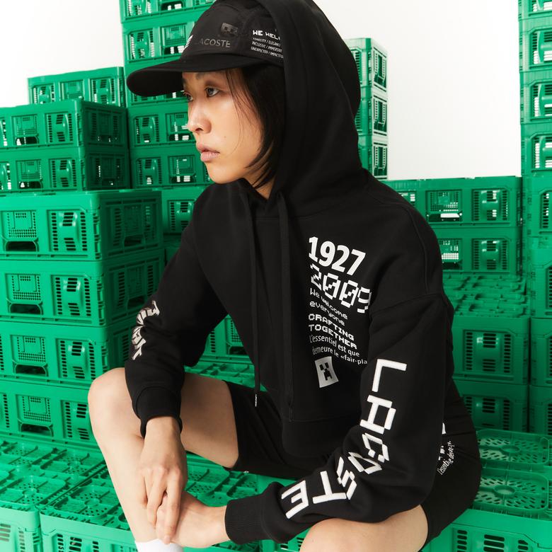 Lacoste X Minecraft Kadın Relaxed Fit Kapüşonlu Baskılı Siyah Sweatshirt