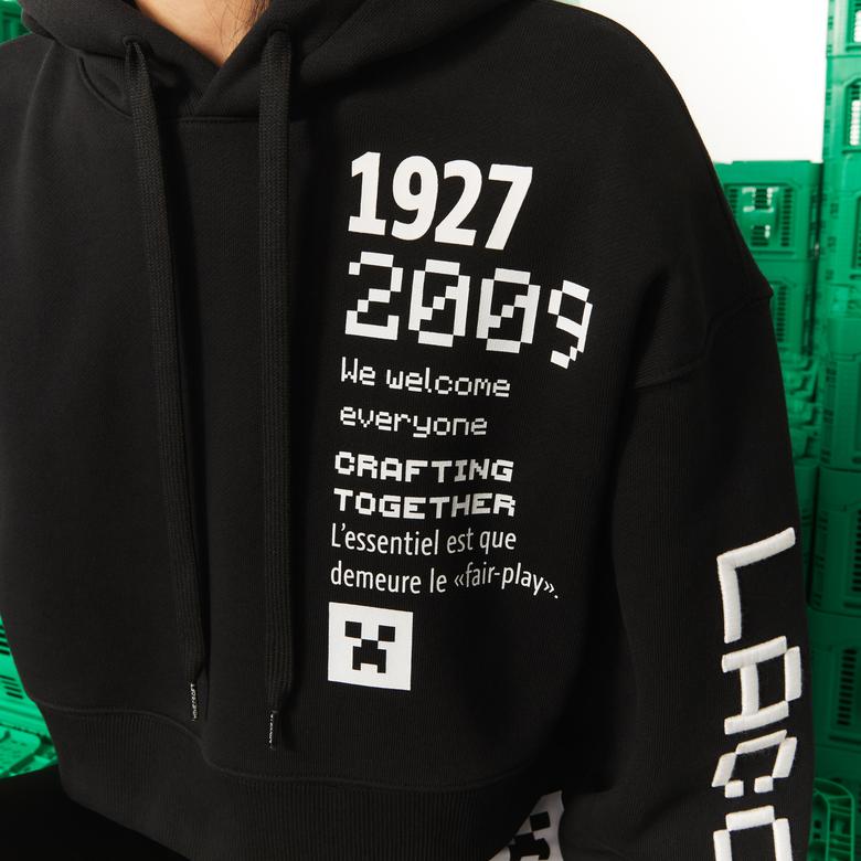 Lacoste X Minecraft Kadın Relaxed Fit Kapüşonlu Baskılı Siyah Sweatshirt
