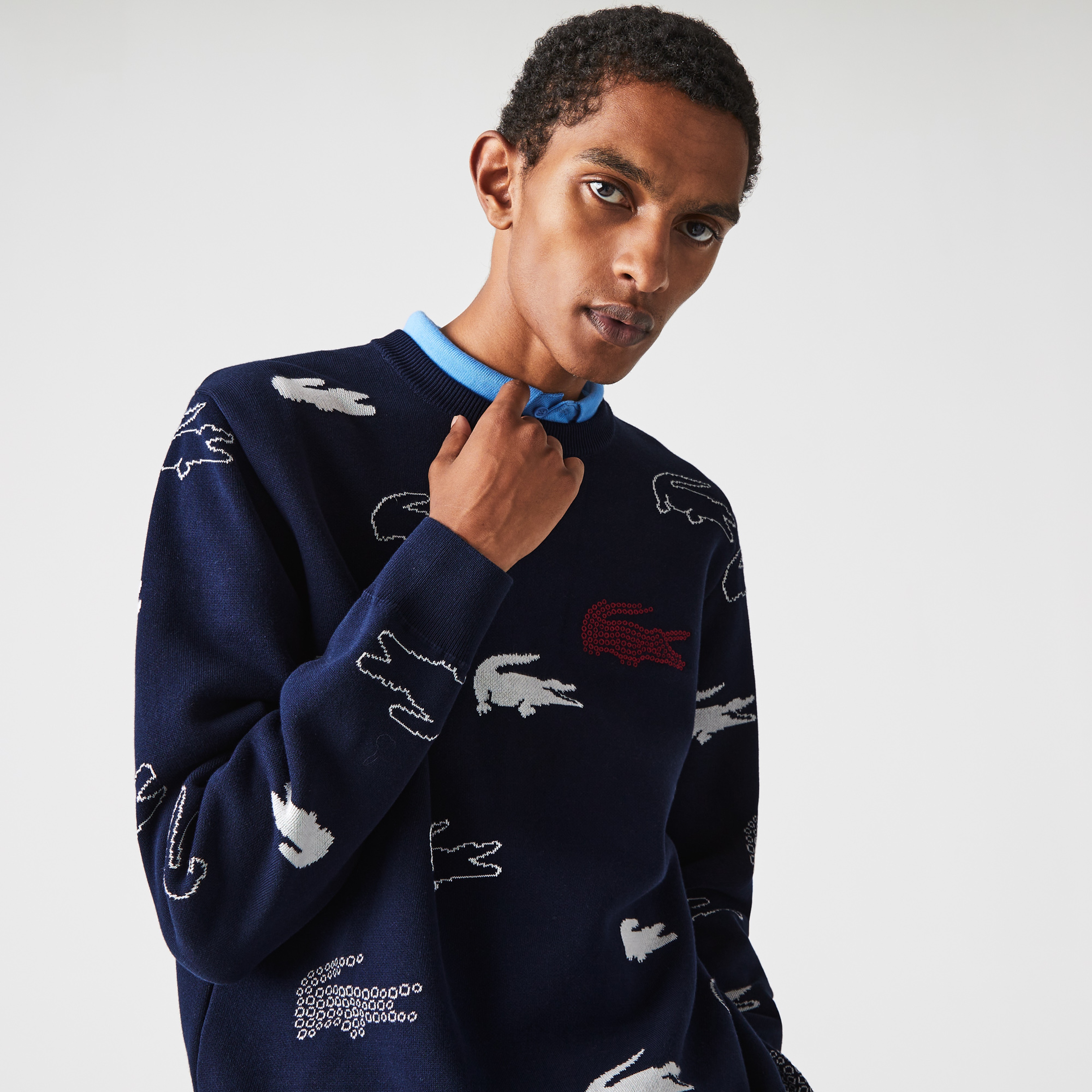 Lacoste Erkek Bisiklet Yaka Desenli Lacivert Kazak
