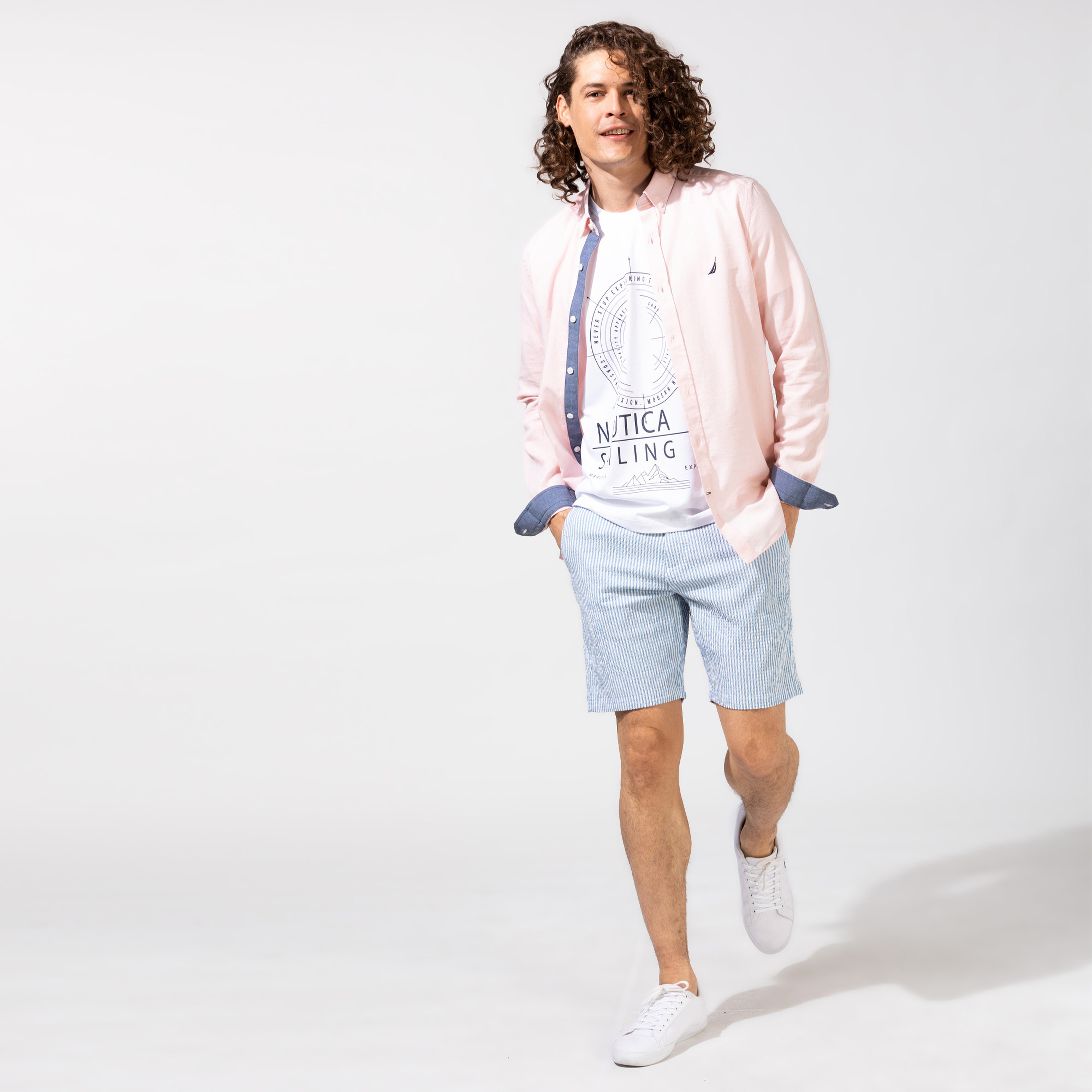 Nautica Erkek Mavi Slim Fit Çizgili Bermuda Şort