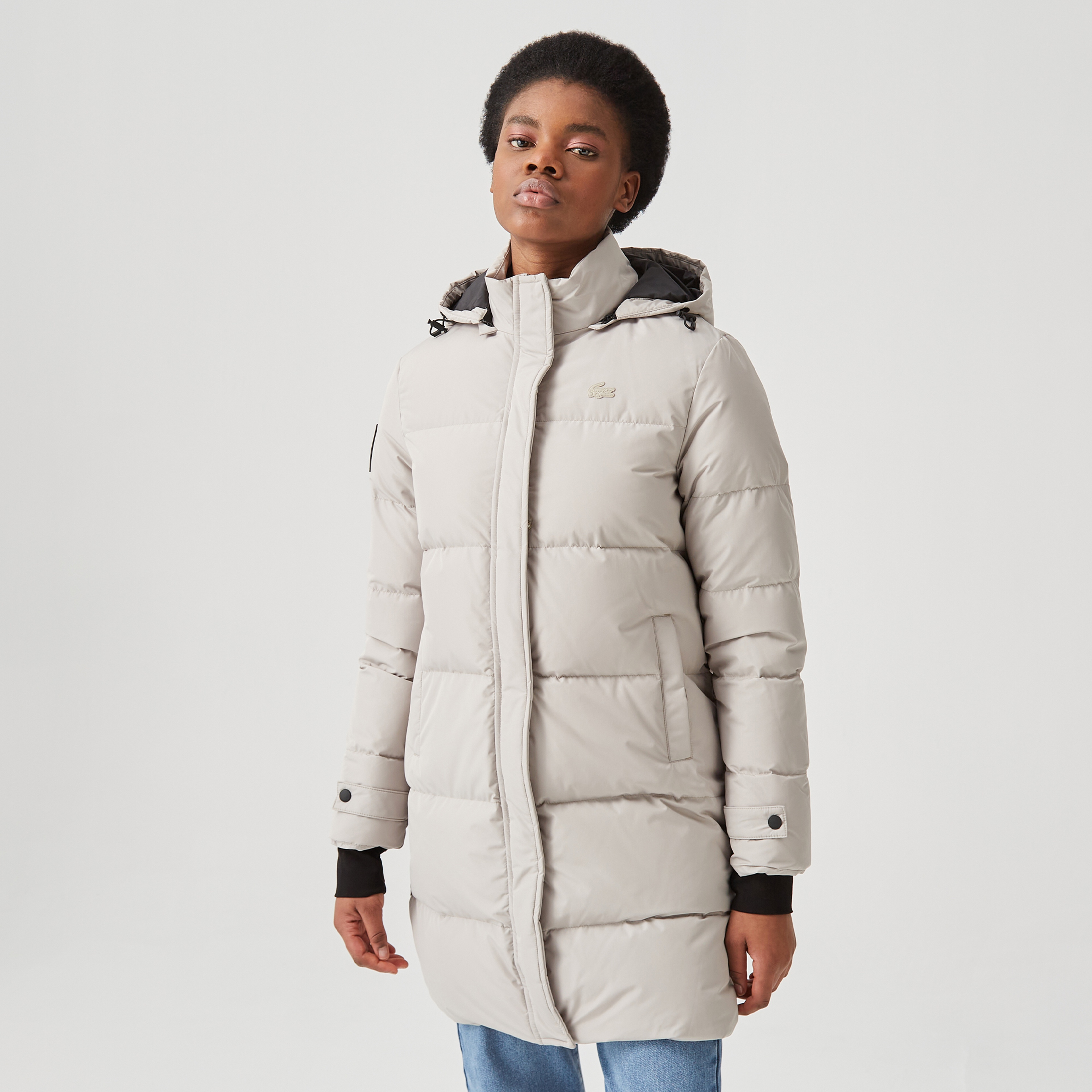 Lacoste Kadın Kapüşonlu Kapitone Açık Gri Mont