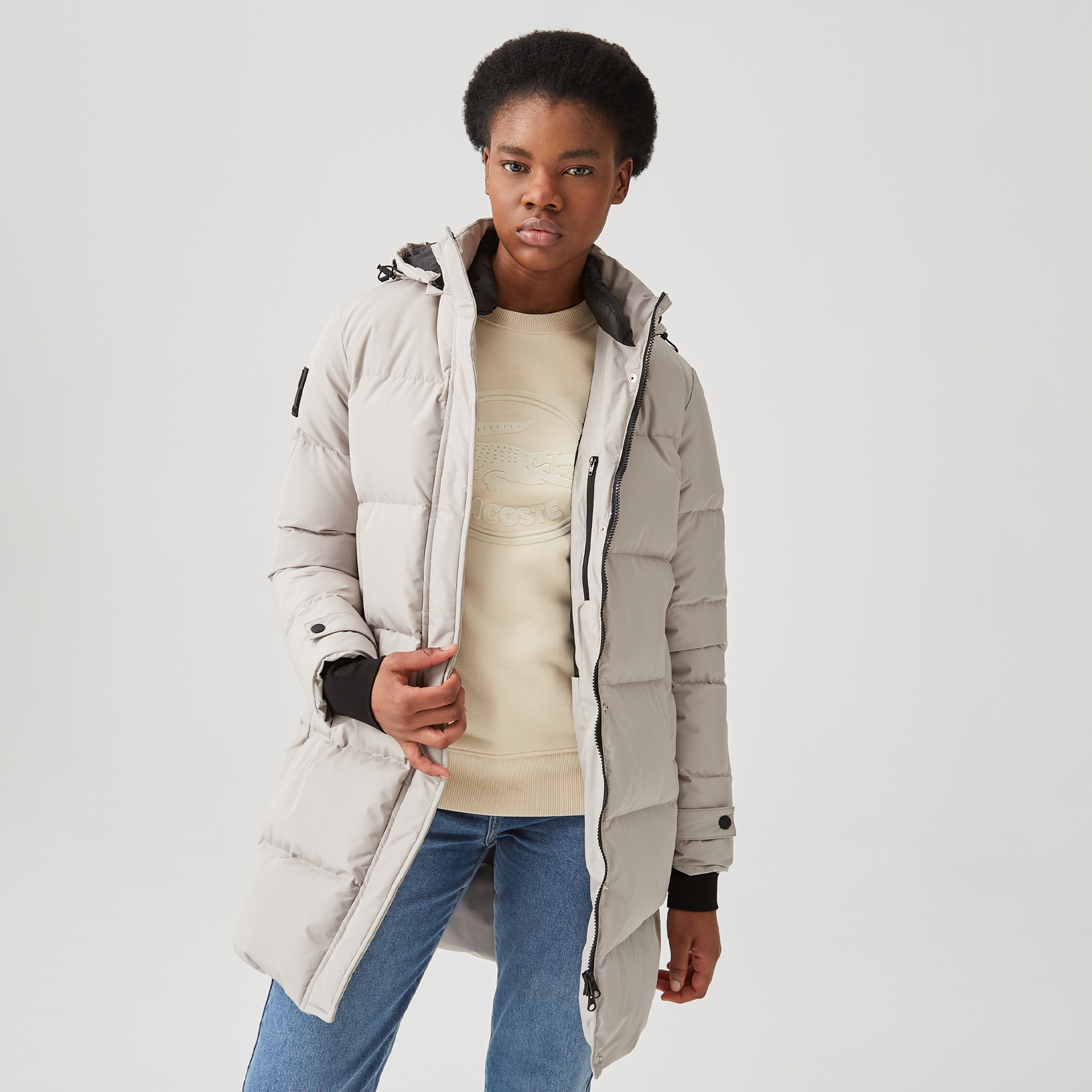 Lacoste Kadın Kapüşonlu Kapitone Açık Gri Mont