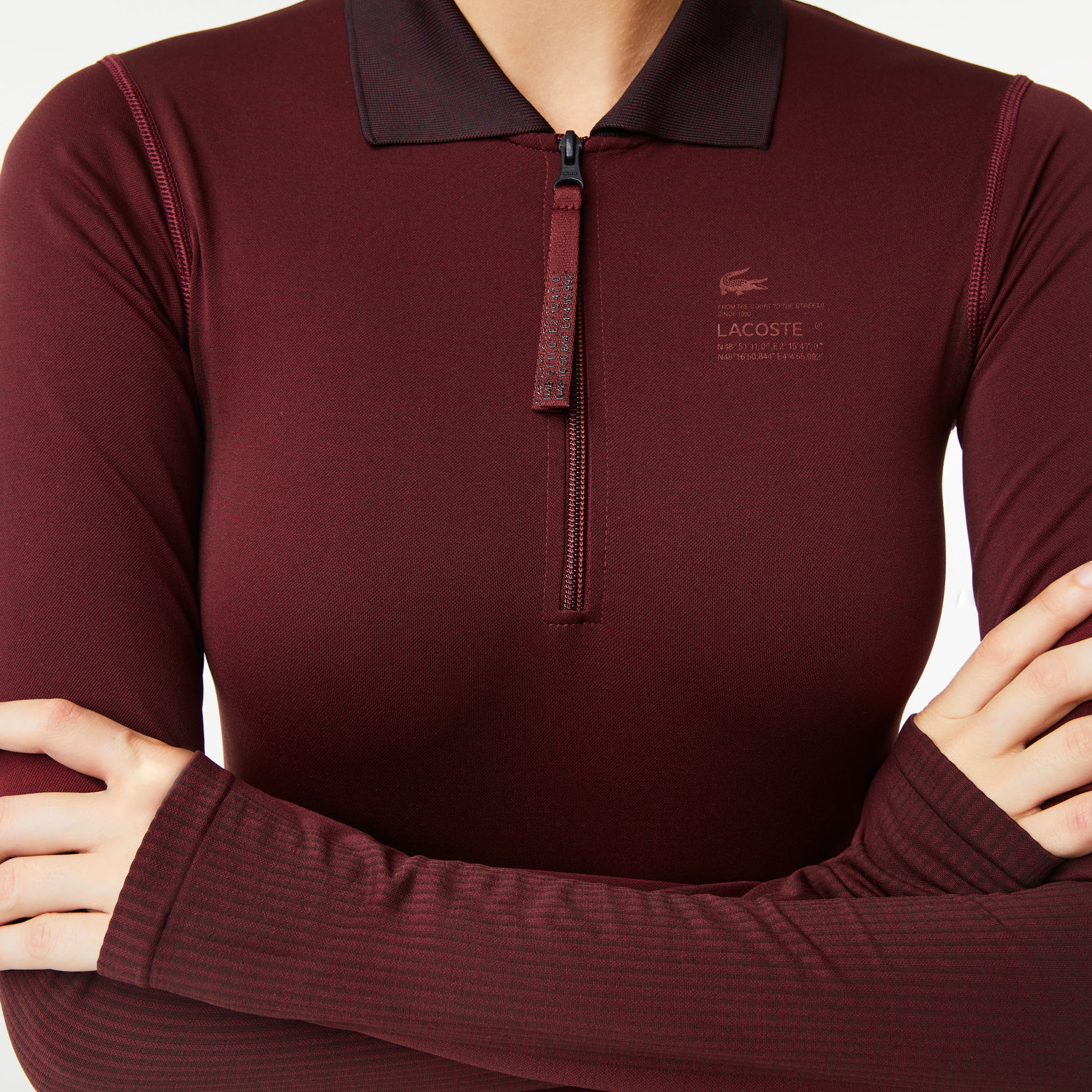Lacoste Active Kadın Slim Fit Uzun Kollu Yarım Fermuarlı Desenli Bordo Body