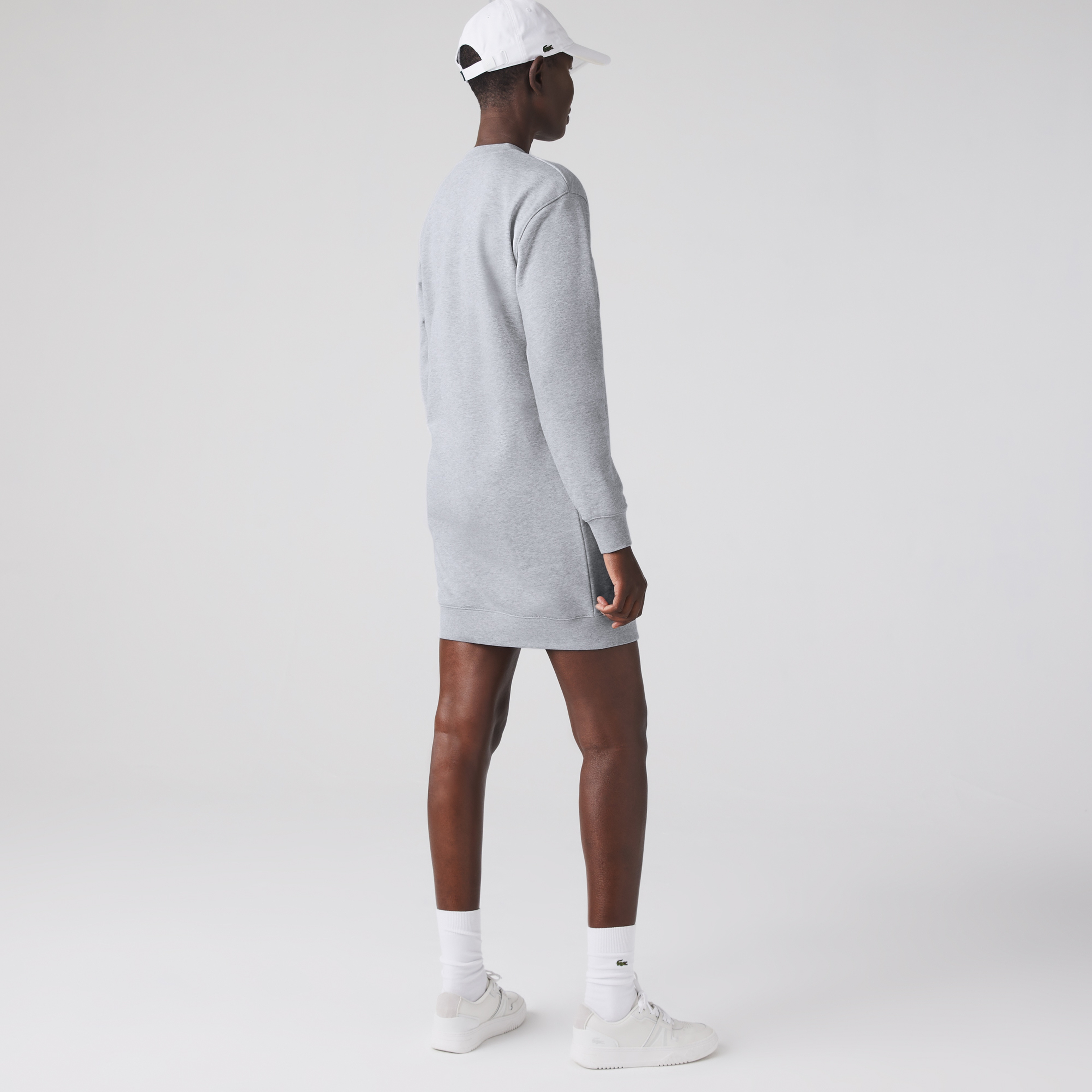 Lacoste Kadın Loose Fit Uzun Kollu Bisiklet Yaka Desenli Gri Elbise