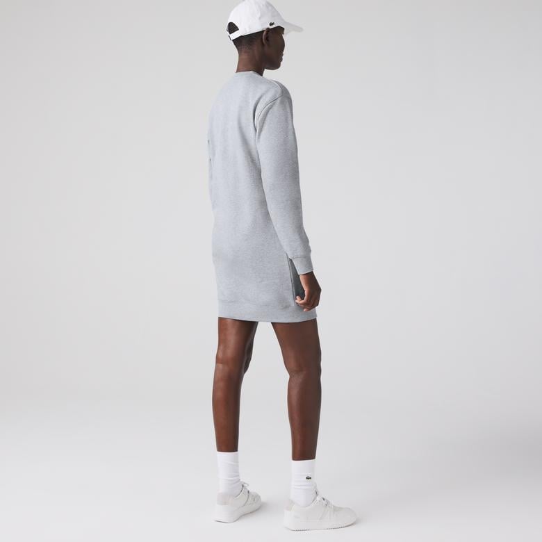 Lacoste Kadın Loose Fit Uzun Kollu Bisiklet Yaka Desenli Gri Elbise