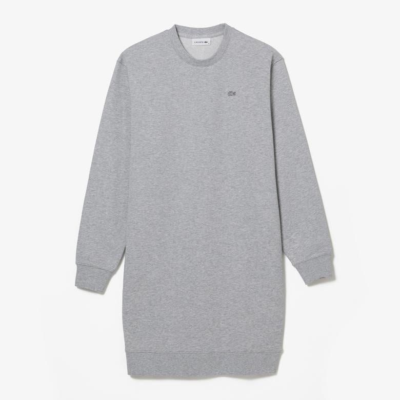 Lacoste Kadın Loose Fit Uzun Kollu Bisiklet Yaka Desenli Gri Elbise