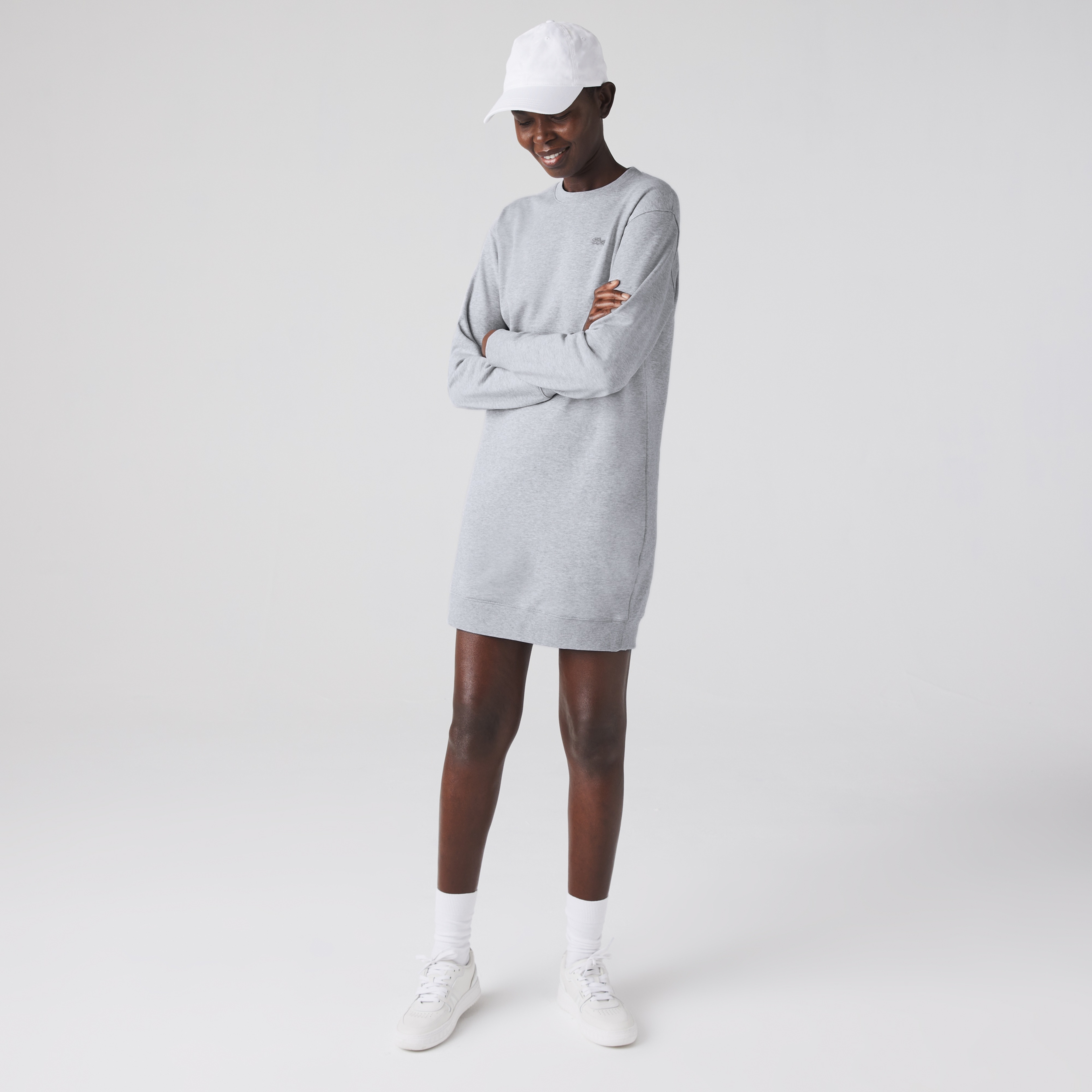 Lacoste Kadın Loose Fit Uzun Kollu Bisiklet Yaka Desenli Gri Elbise