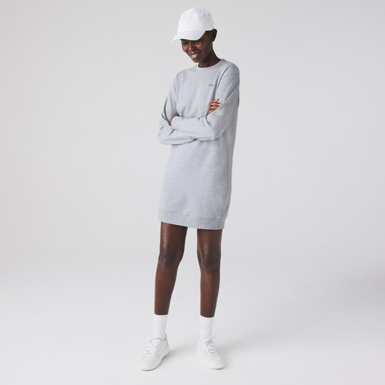 Lacoste Kadın Loose Fit Uzun Kollu Bisiklet Yaka Desenli Gri Elbise