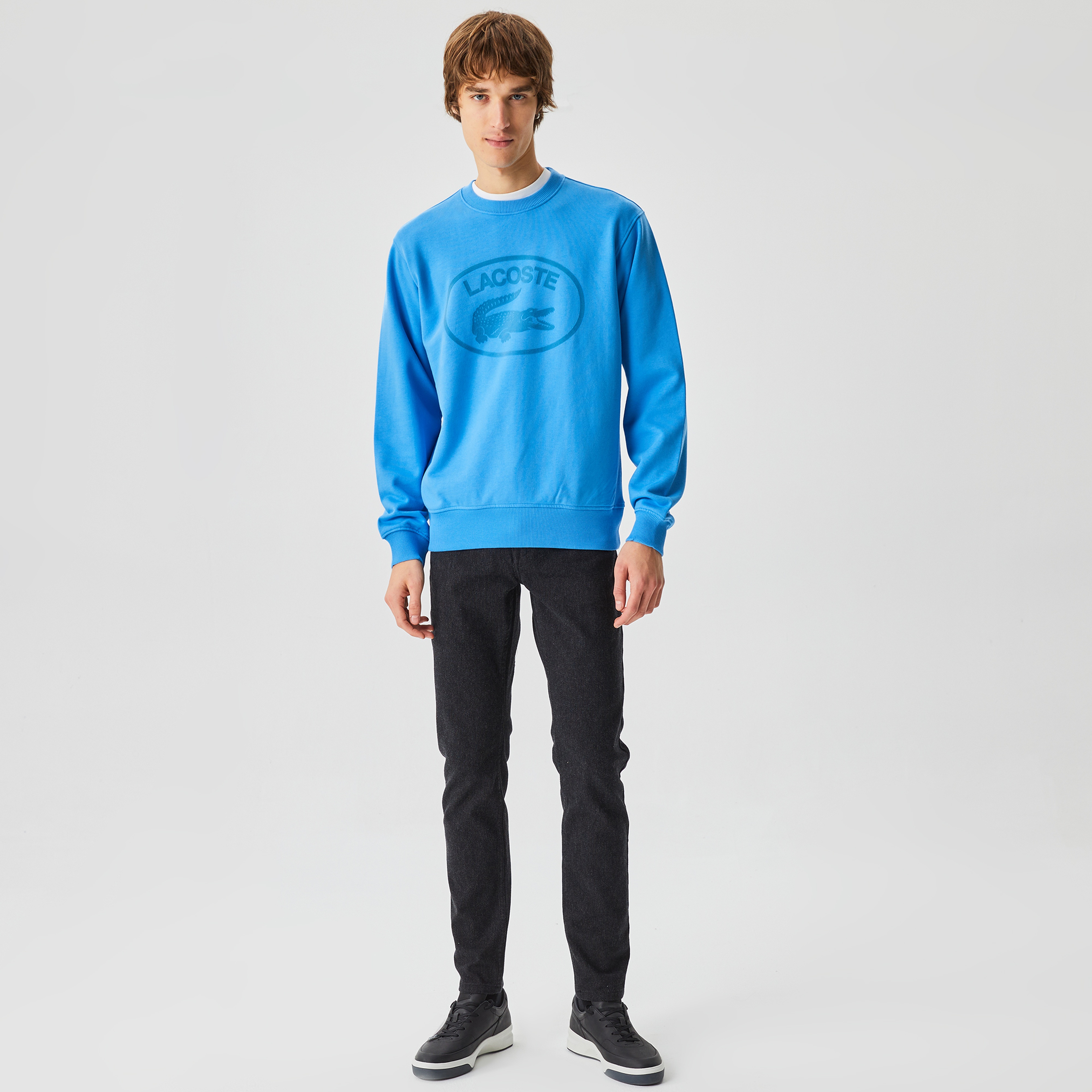 Lacoste Erkek Relaxed Fit Bisiklet Yaka Baskılı Organik Pamuk Mavi Sweatshirt