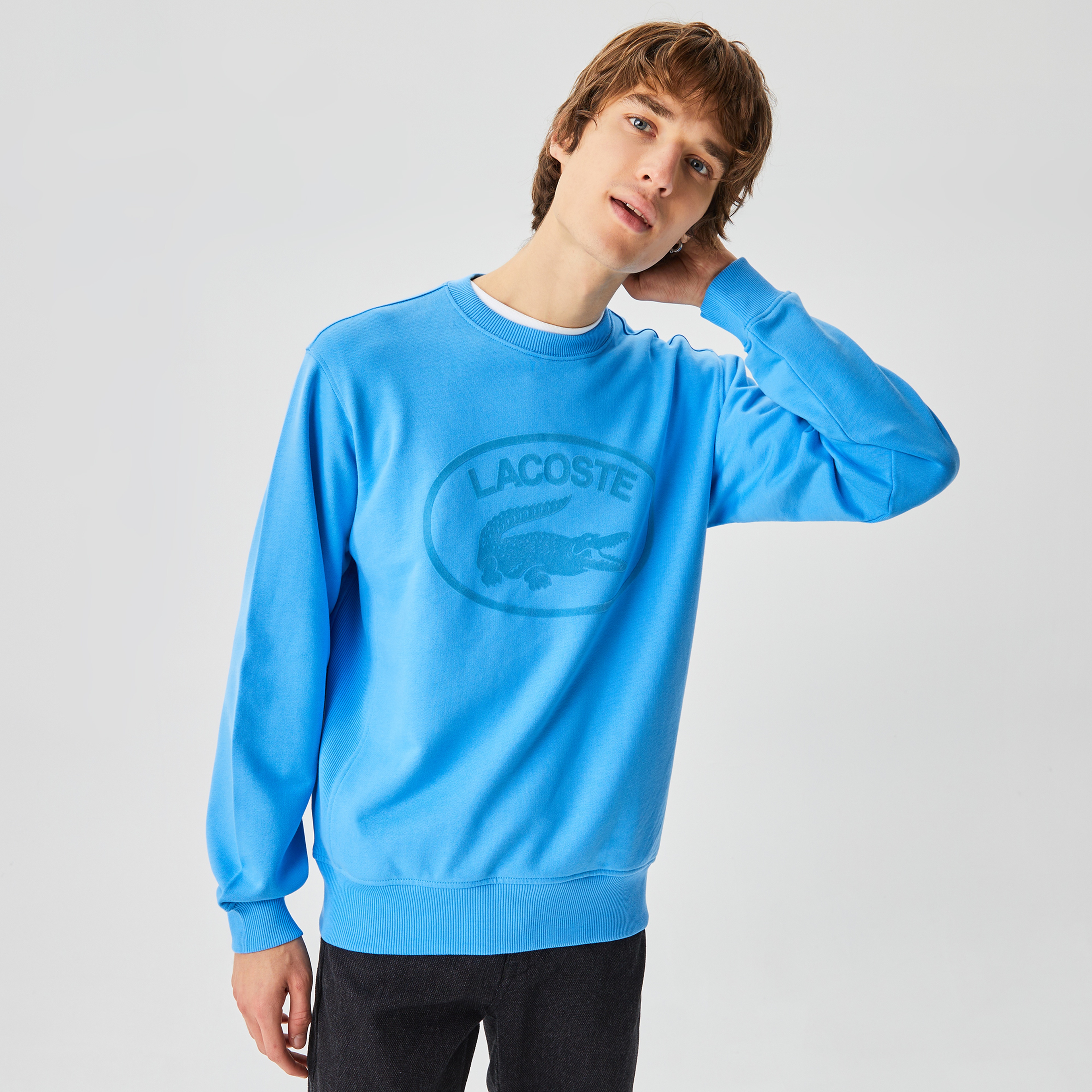 Lacoste Erkek Relaxed Fit Bisiklet Yaka Baskılı Organik Pamuk Mavi Sweatshirt