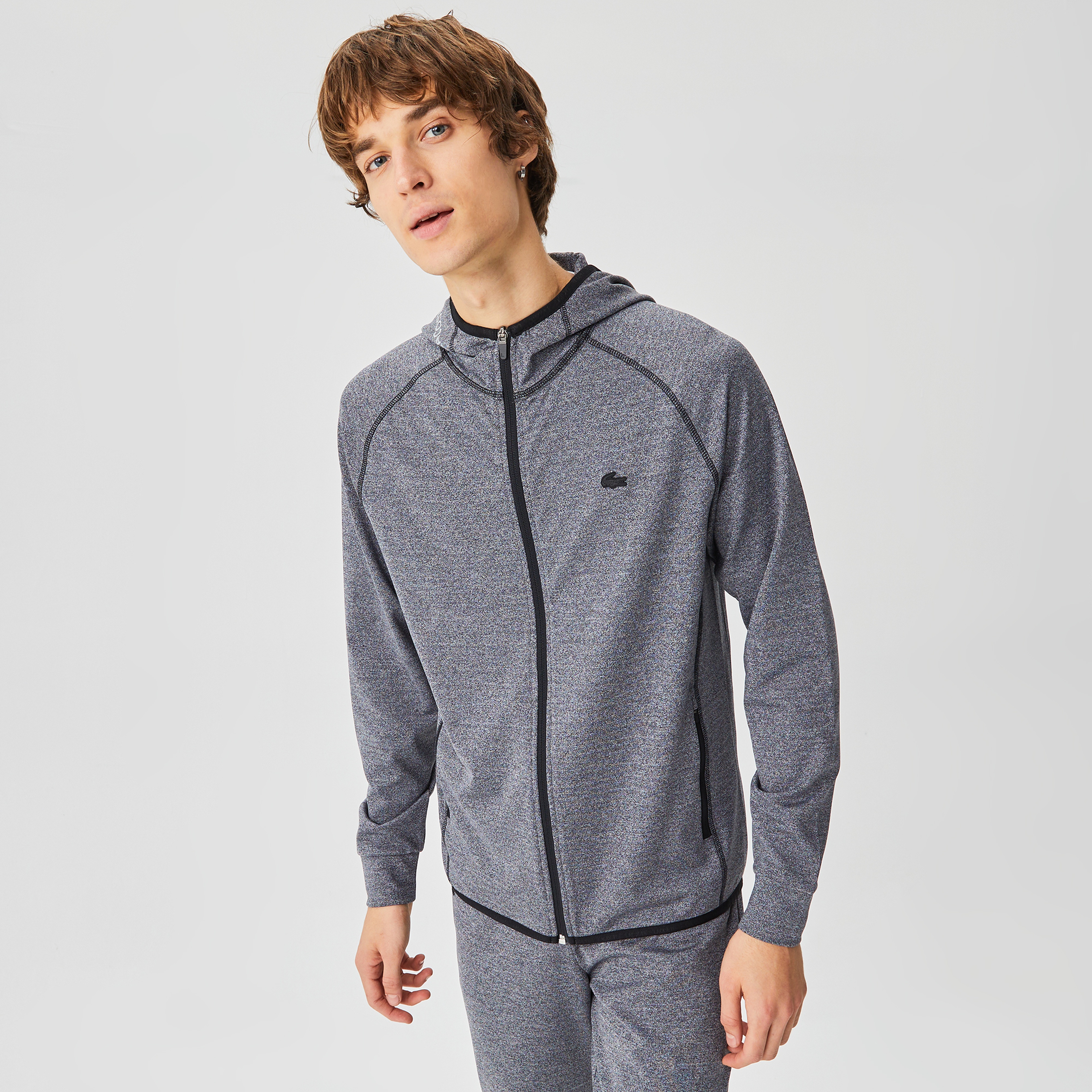 Lacoste Erkek Slim Fit Kapüşonlu Baskılı Fermuarlı Gri Sweatshirt