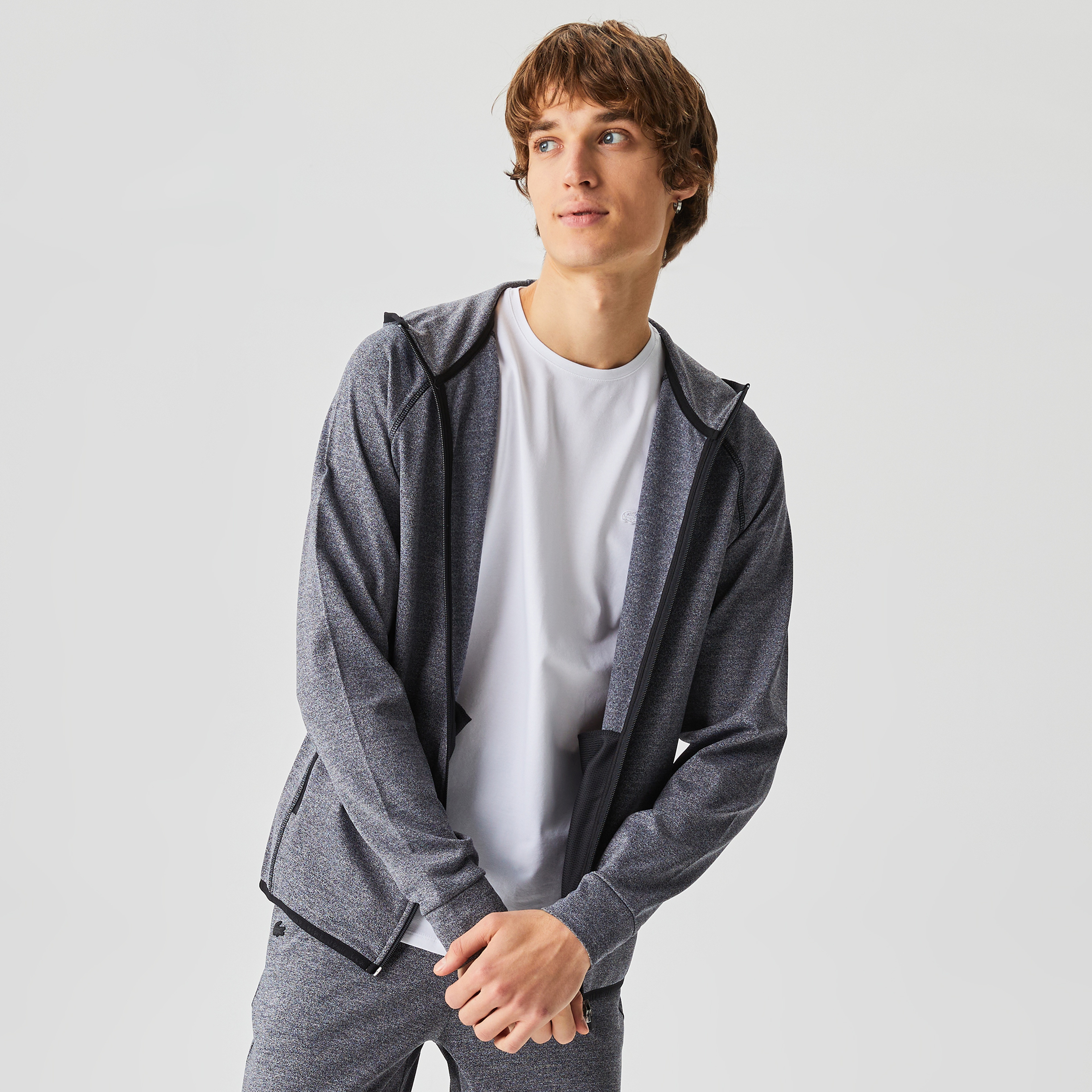 Lacoste Erkek Slim Fit Kapüşonlu Baskılı Fermuarlı Gri Sweatshirt