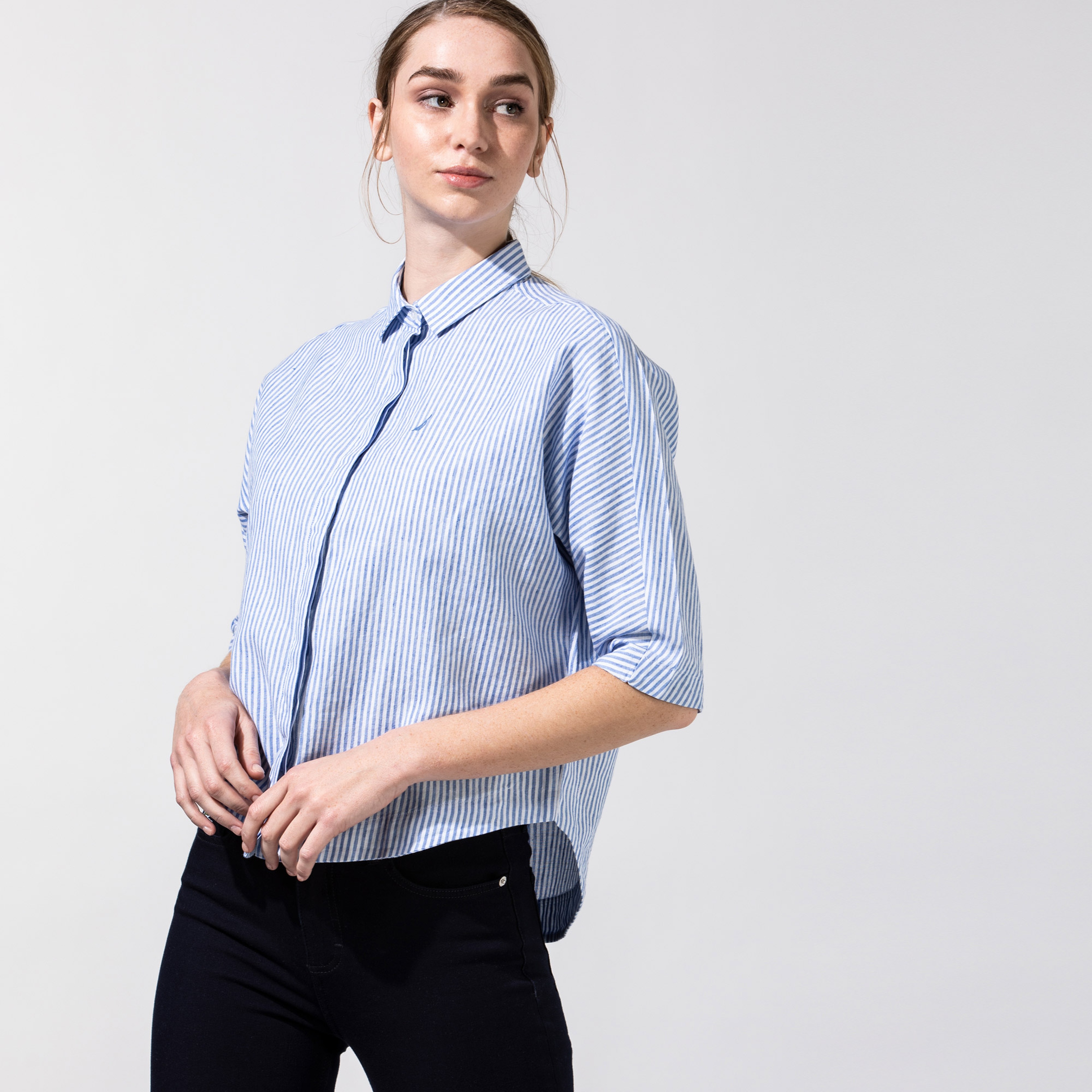 NAUTICA KADIN MAVİ ÇİZGİLİ TRUVAKAR KOL GÖMLEK