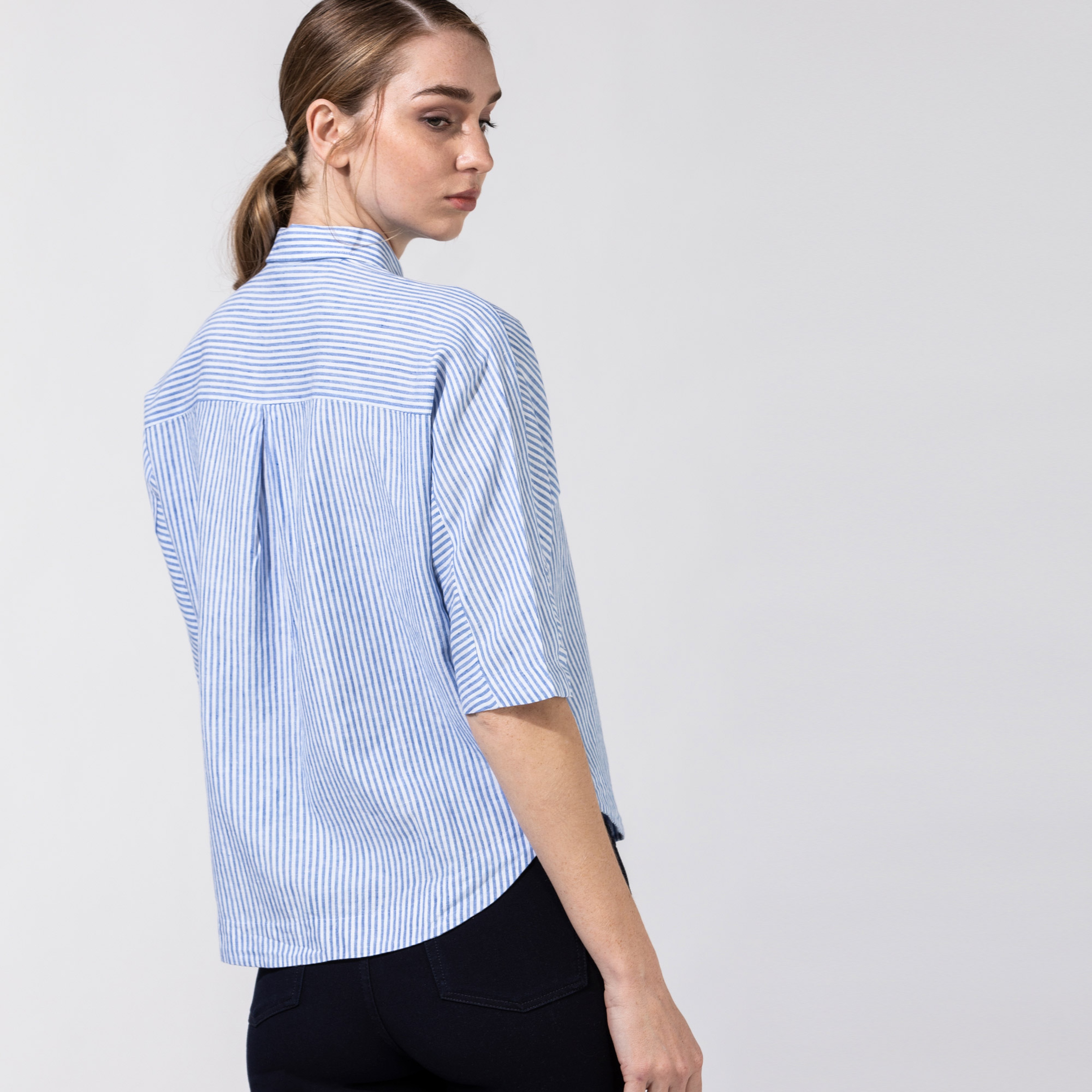 NAUTICA KADIN MAVİ ÇİZGİLİ TRUVAKAR KOL GÖMLEK