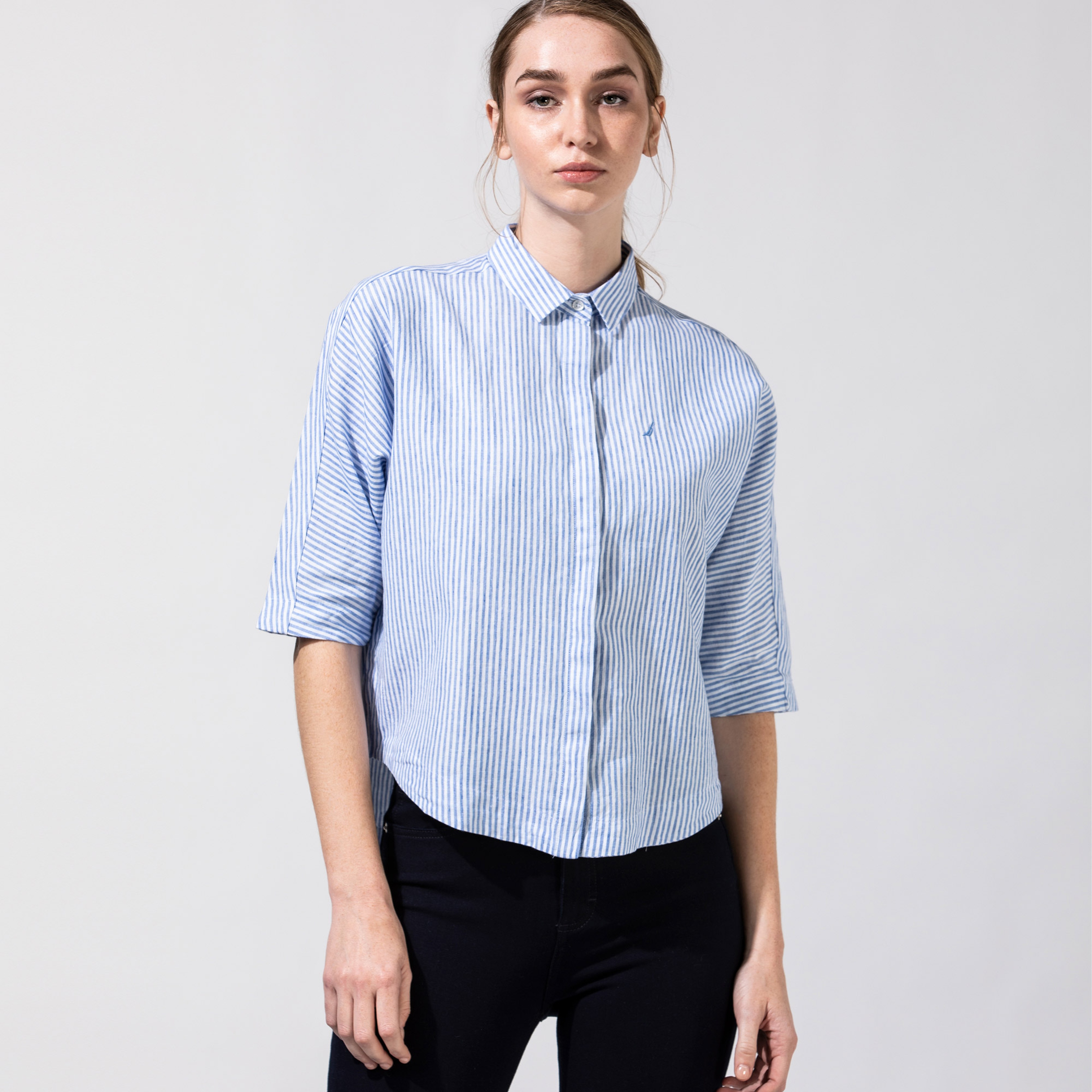 NAUTICA KADIN MAVİ ÇİZGİLİ TRUVAKAR KOL GÖMLEK