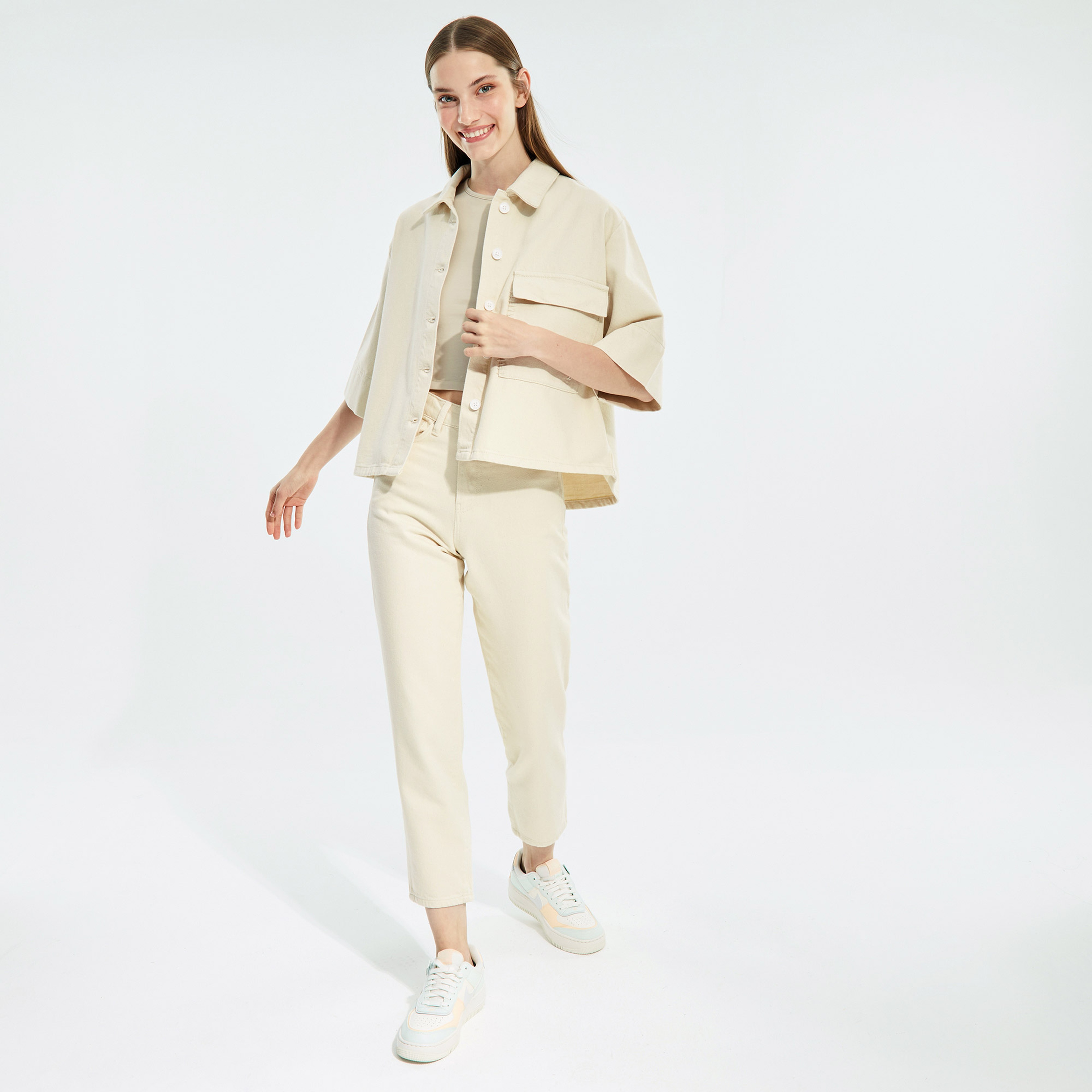 NAUTICA KADIN BEYAZ OVERSIZE KISA KOLLU DENIM CEKET