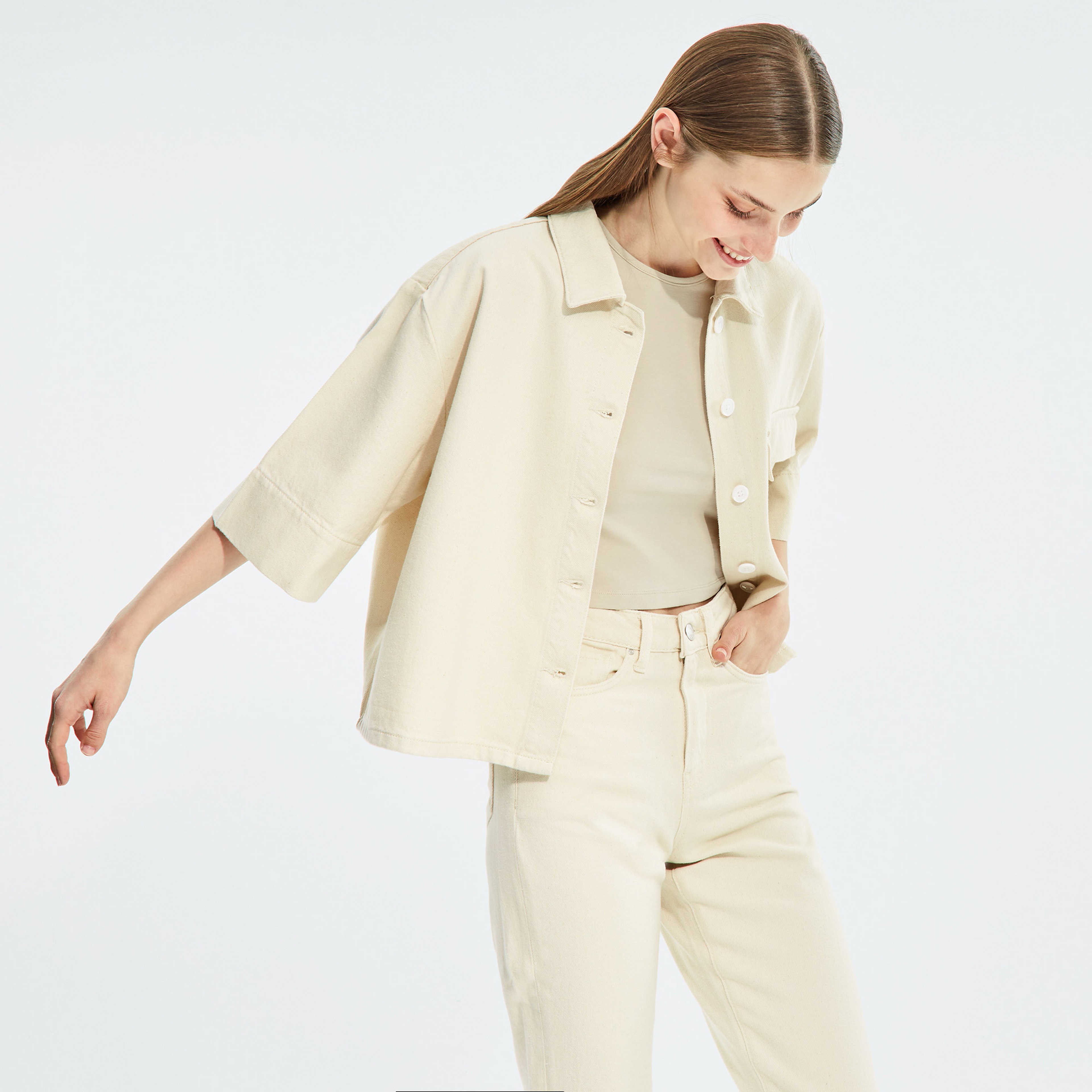 NAUTICA KADIN BEYAZ OVERSIZE KISA KOLLU DENIM CEKET