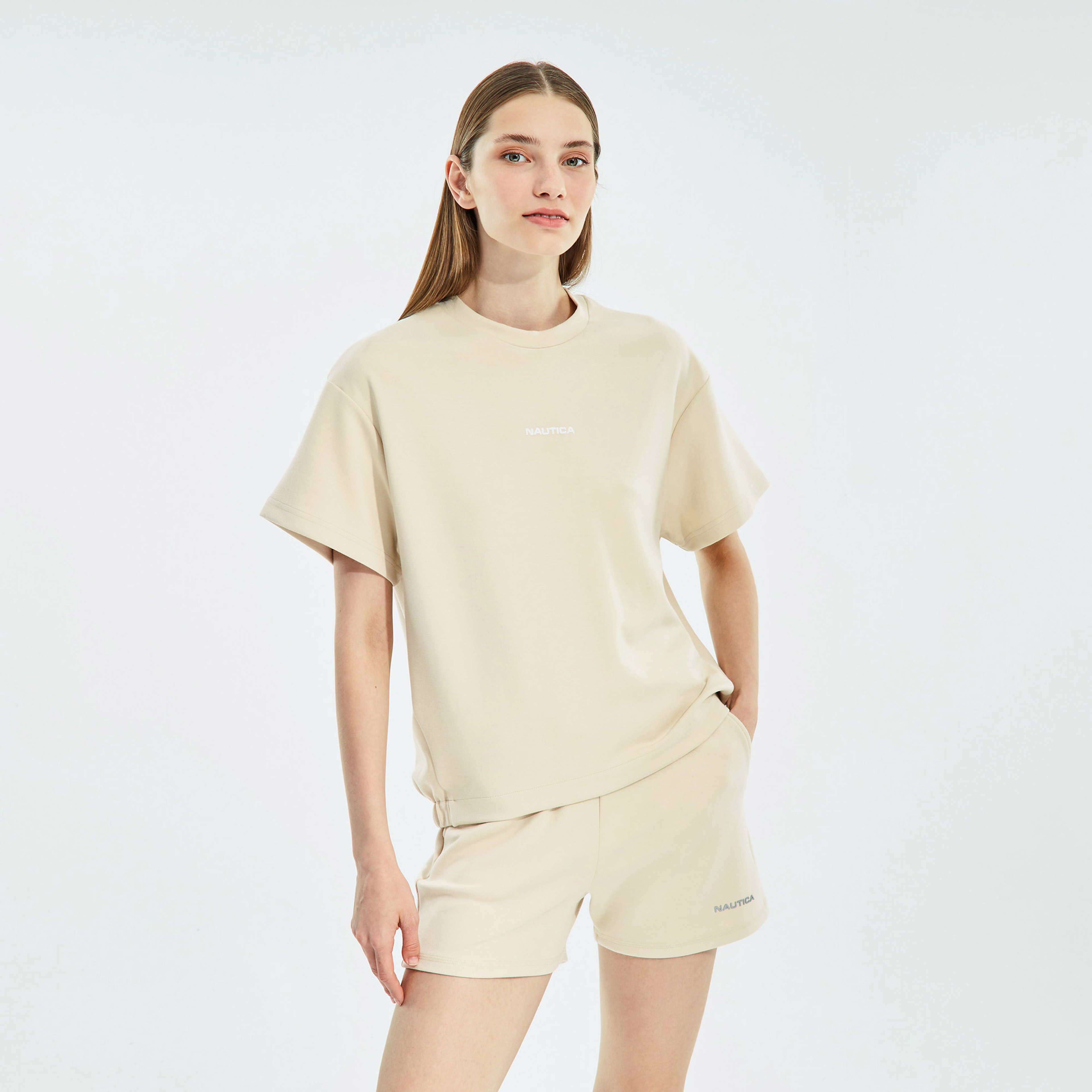 NAUTICA KADIN BEJ OVERSIZE KISA KOLLU SWEATSHIRT