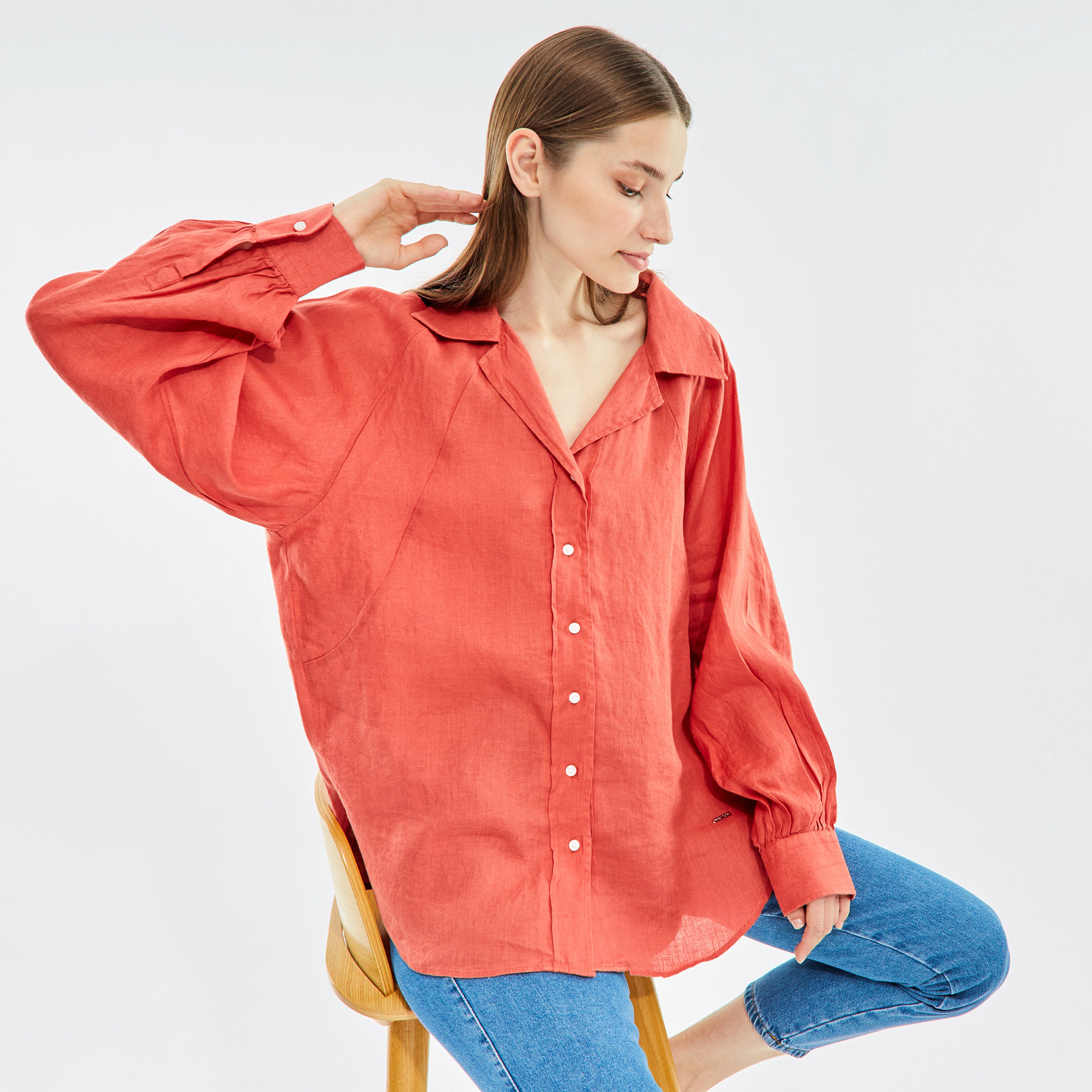 NAUTICA KADIN KIRMIZI OVERSIZE UZUN KOLLU GÖMLEK