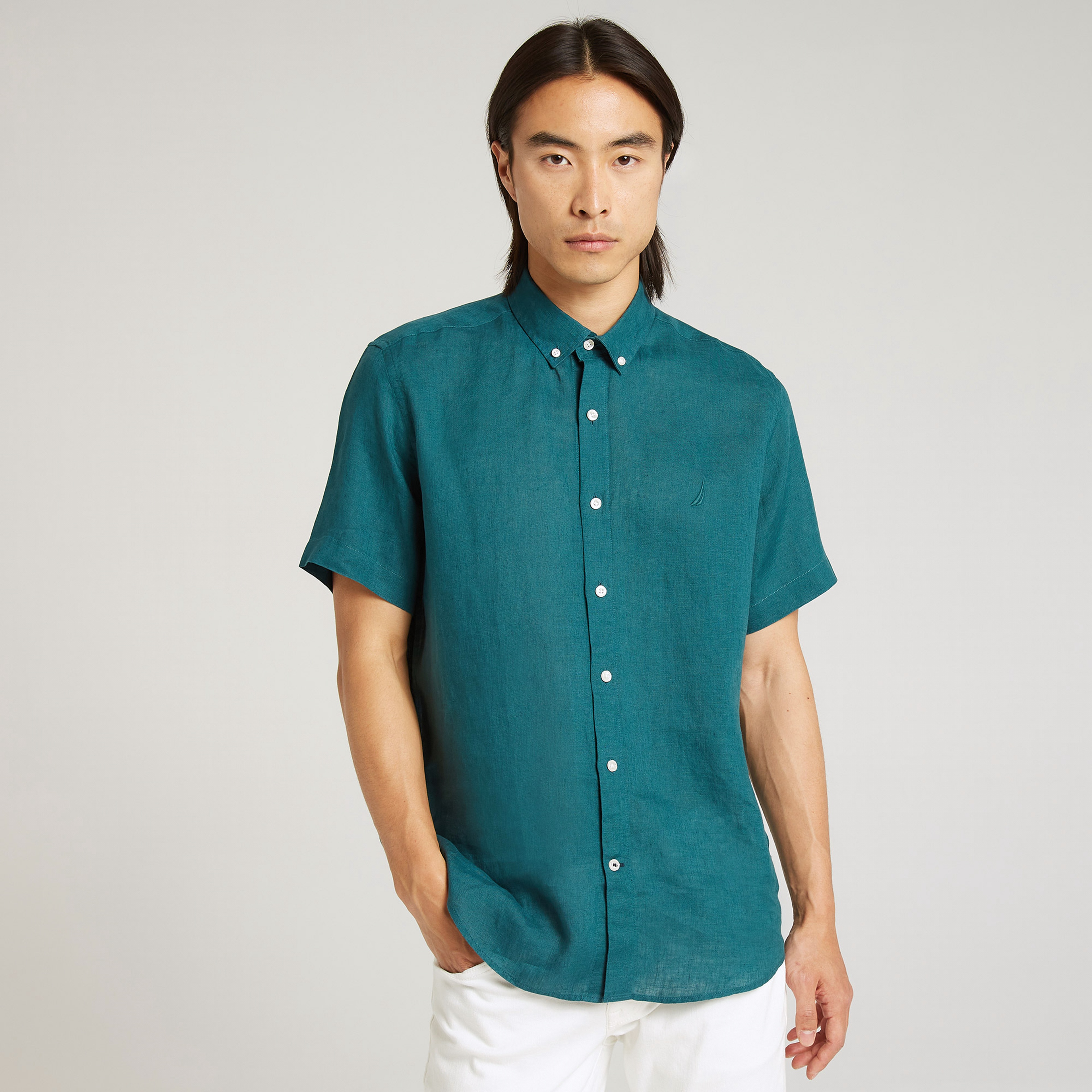 Nautica Erkek Yeşil Classic Fit Kısa Kollu Keten Gömlek