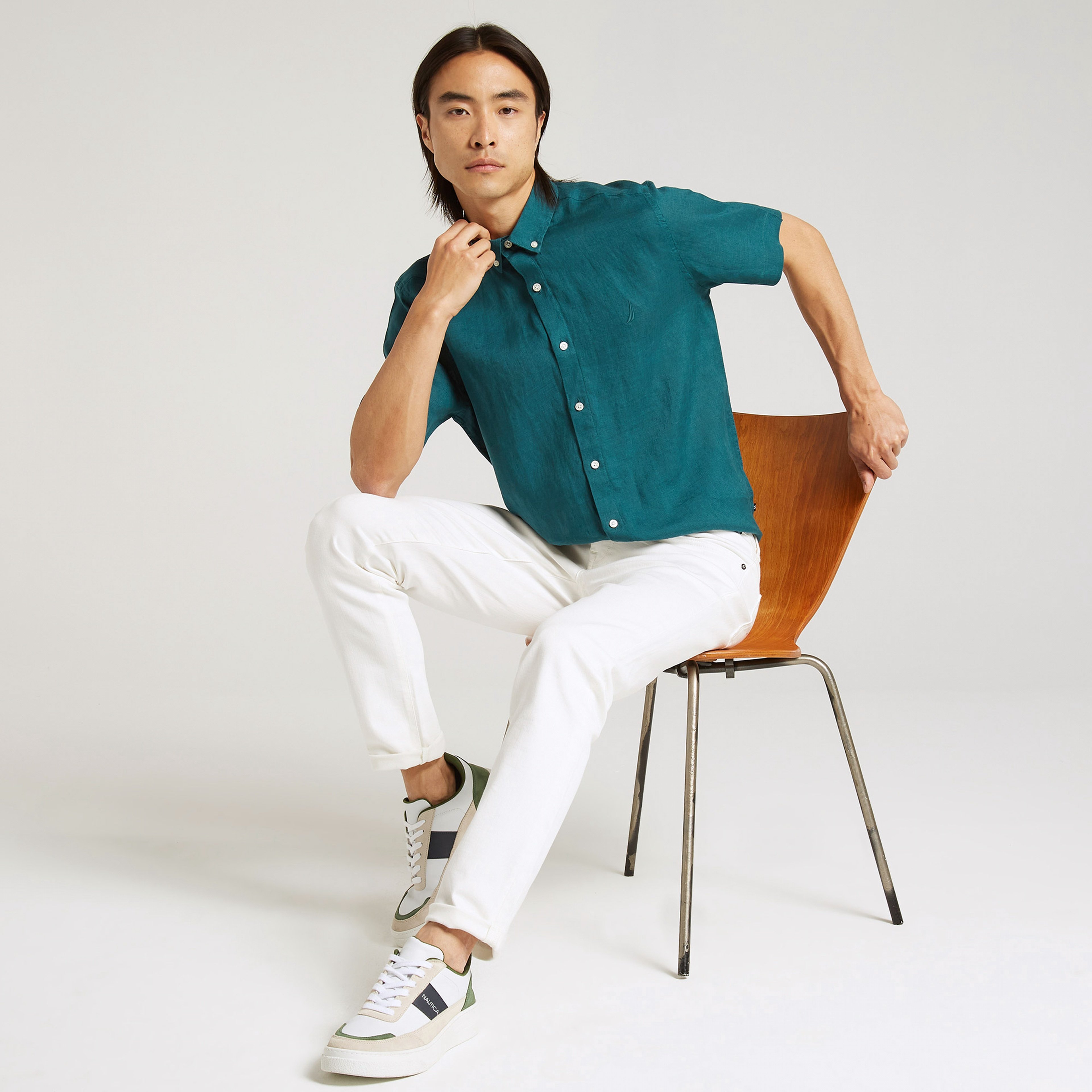 Nautica Erkek Yeşil Classic Fit Kısa Kollu Keten Gömlek