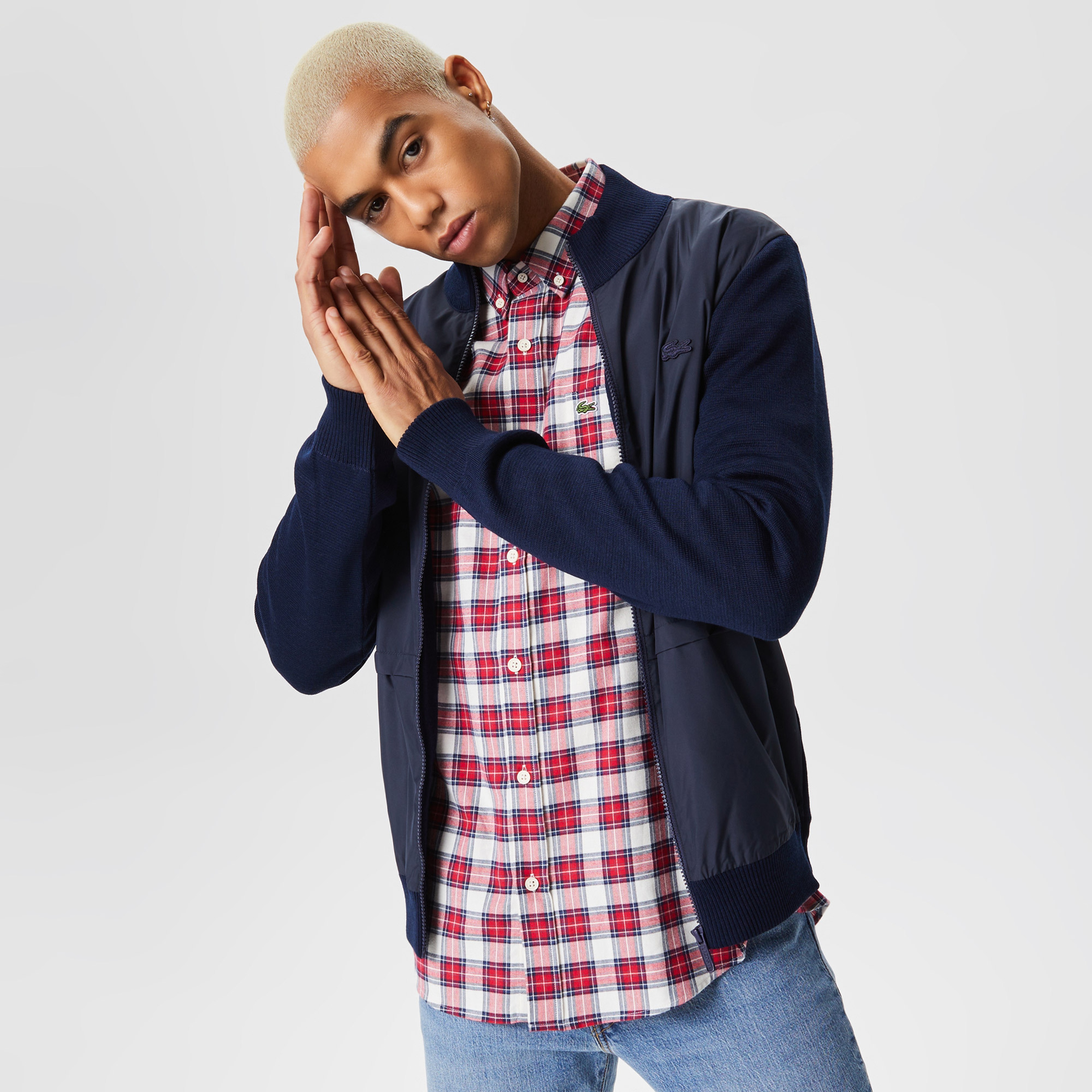 Lacoste Erkek Dik Yaka Renk Bloklu Fermuarlı Lacivert Kazak