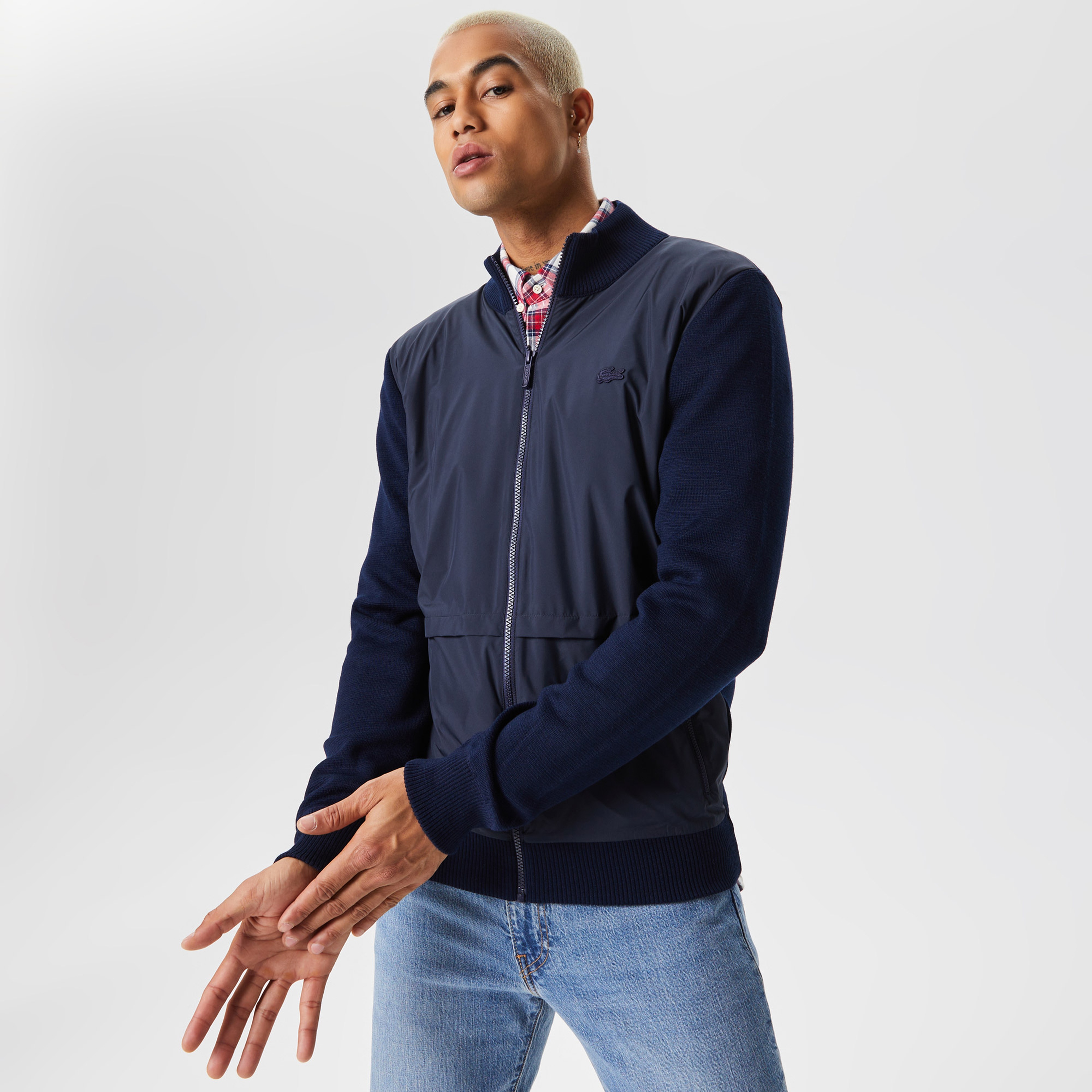 Lacoste Erkek Dik Yaka Renk Bloklu Fermuarlı Lacivert Kazak