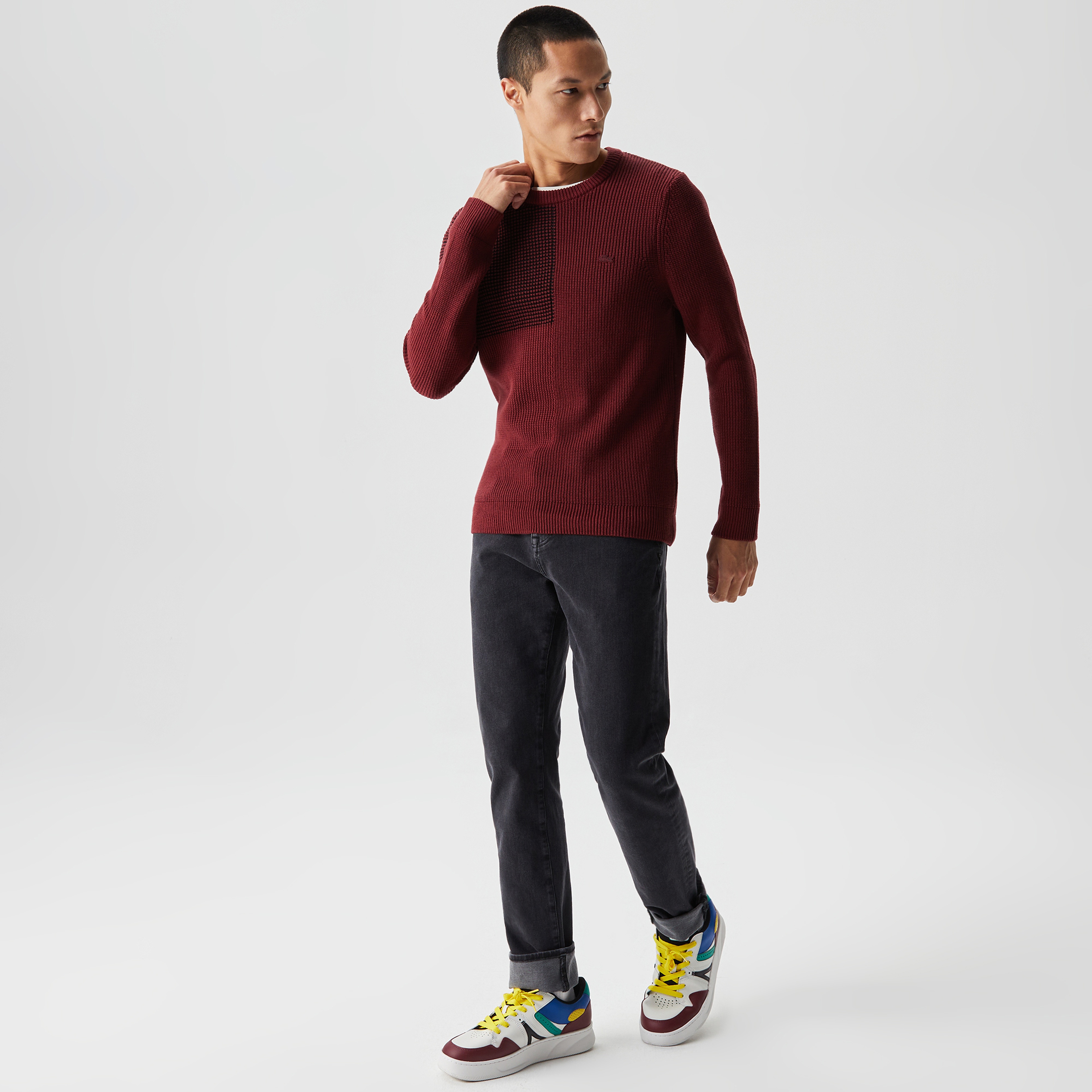 Lacoste Erkek Bisiklet Yaka Çizgili Bordo Kazak