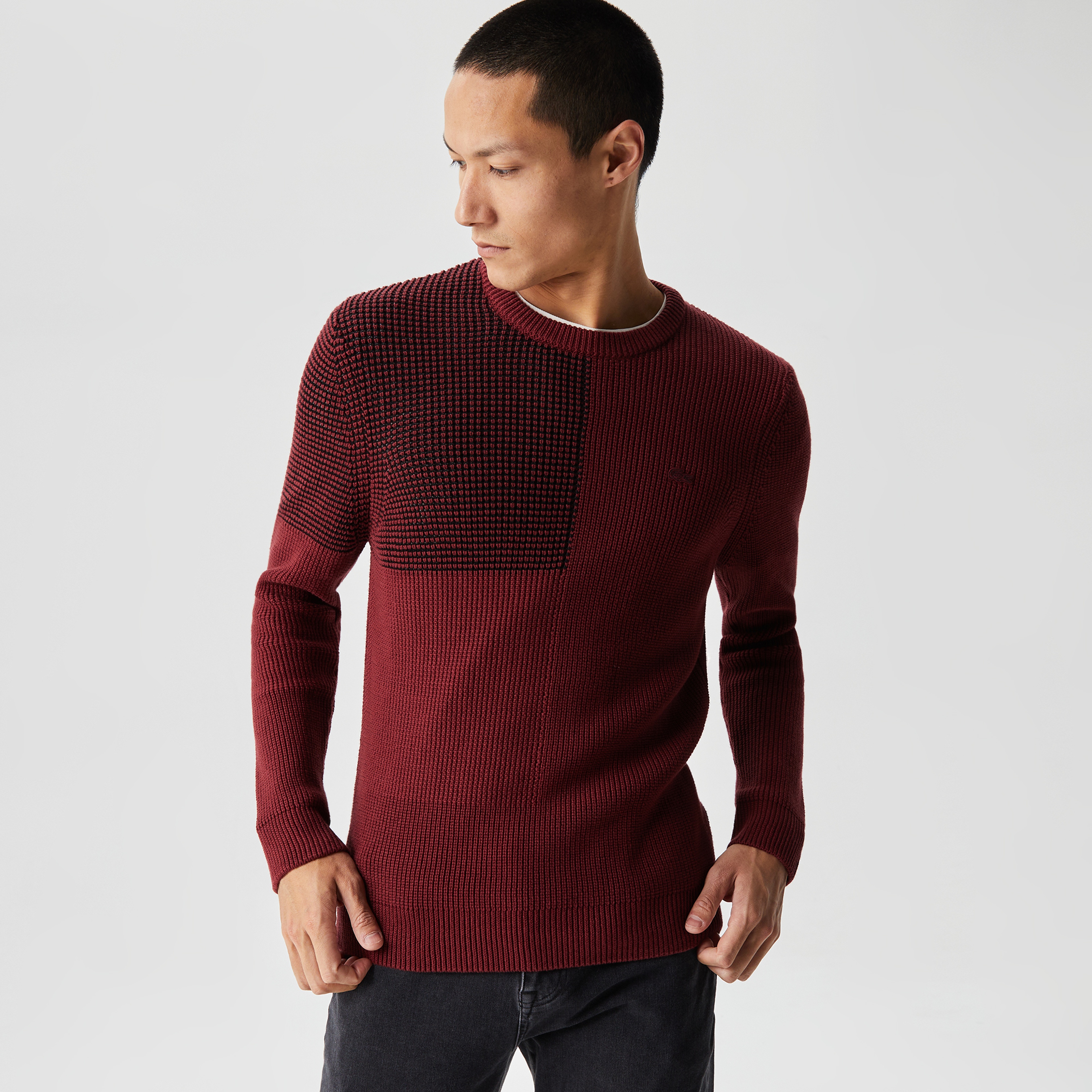 Lacoste Erkek Bisiklet Yaka Çizgili Bordo Kazak