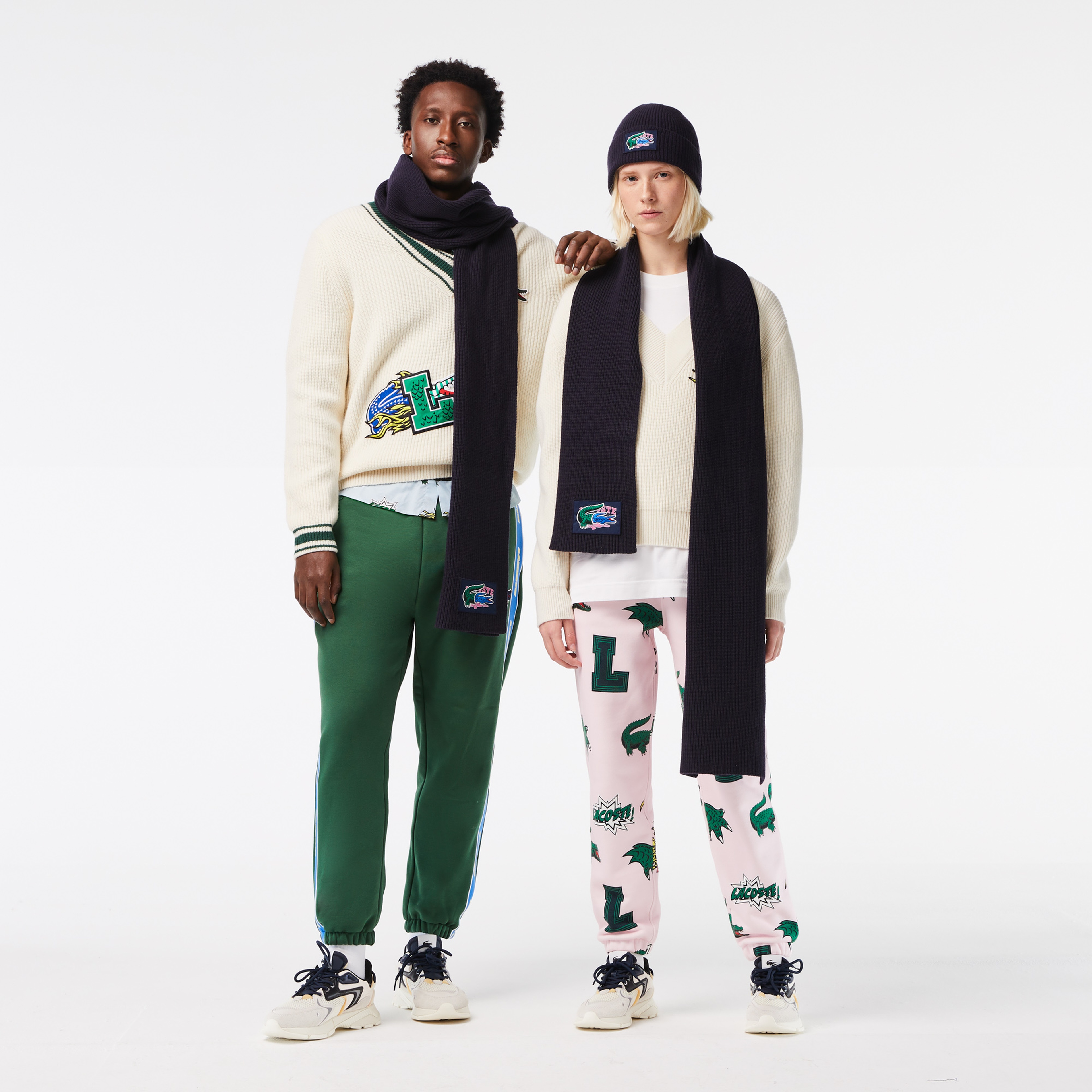 Lacoste Holiday Unisex Yün Lacivert Baskılı Atkı Bere Seti