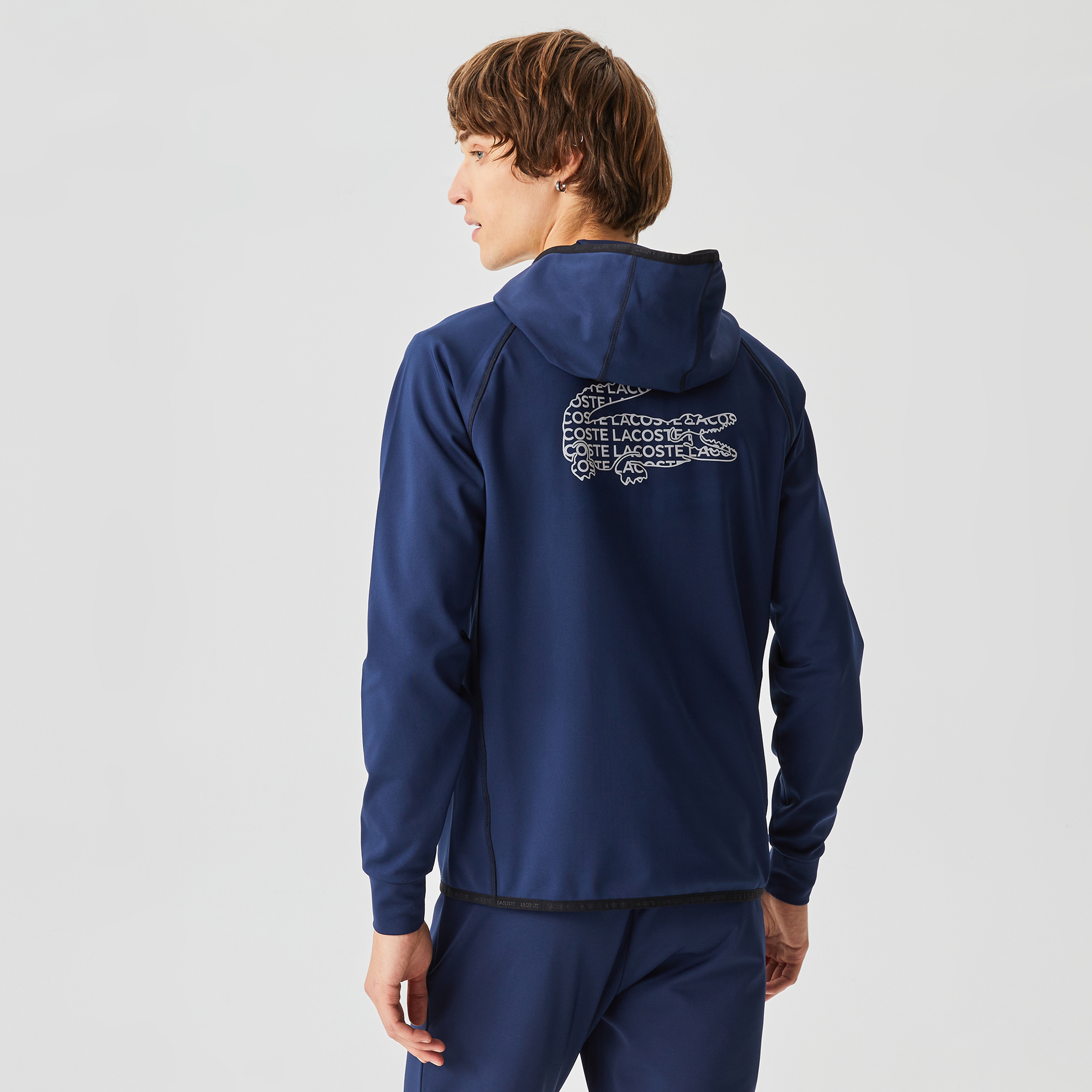 Lacoste Erkek Slim Fit Kapüşonlu Baskılı Fermuarlı Lacivert Sweatshirt