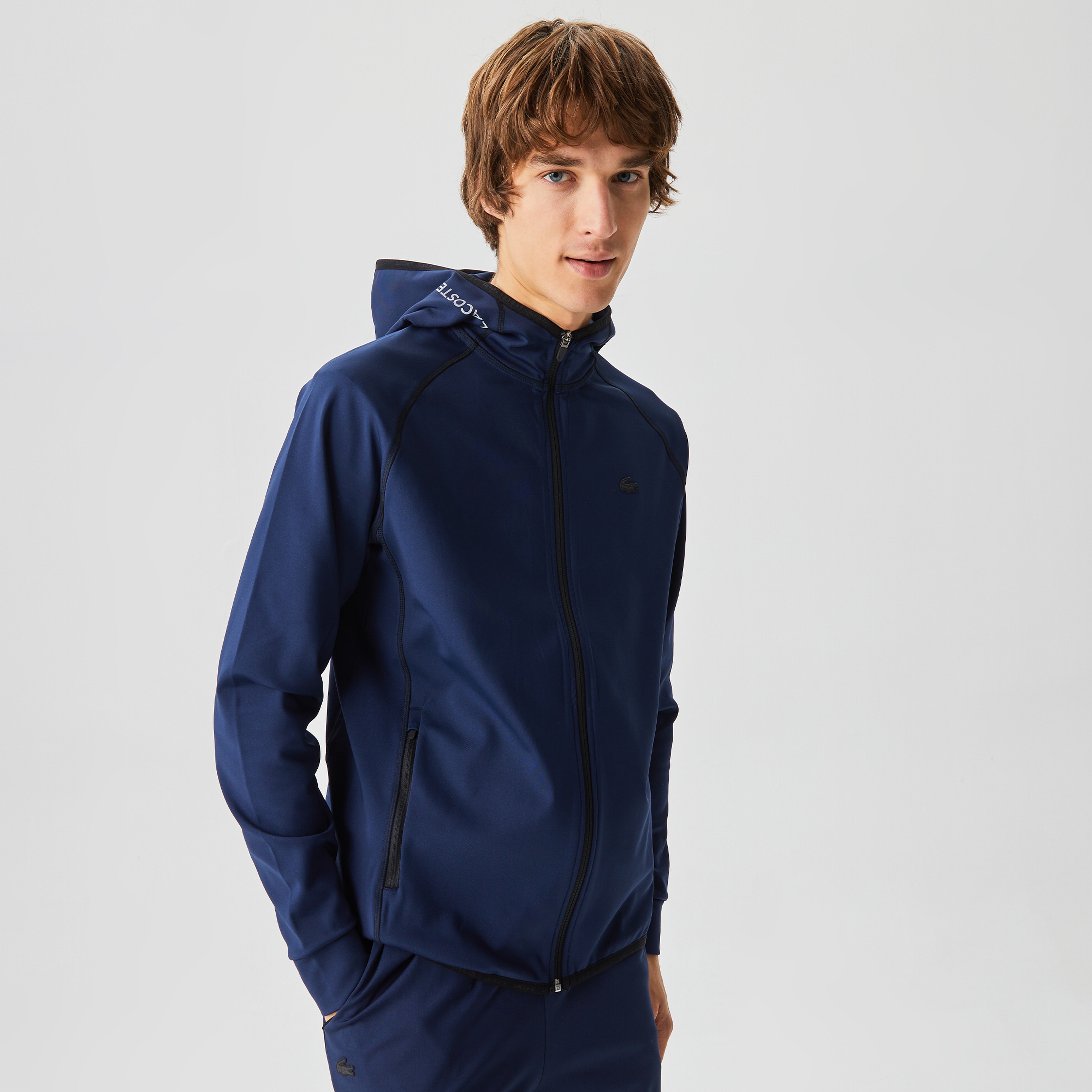 Lacoste Erkek Slim Fit Kapüşonlu Baskılı Fermuarlı Lacivert Sweatshirt