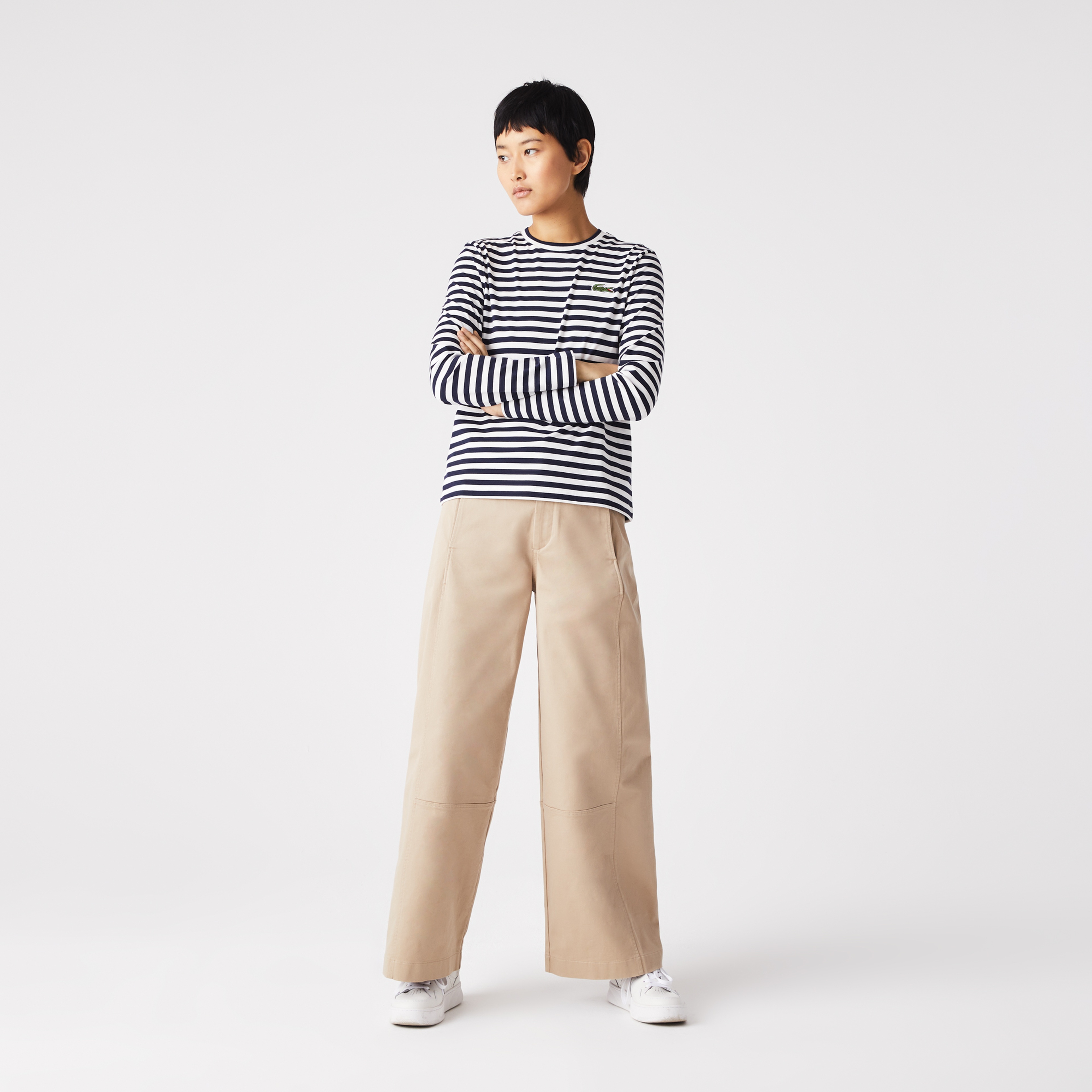 Kadın Regular Fit Uzun Kollu Bisiklet Yaka Çizgili Lacivert T-Shirt