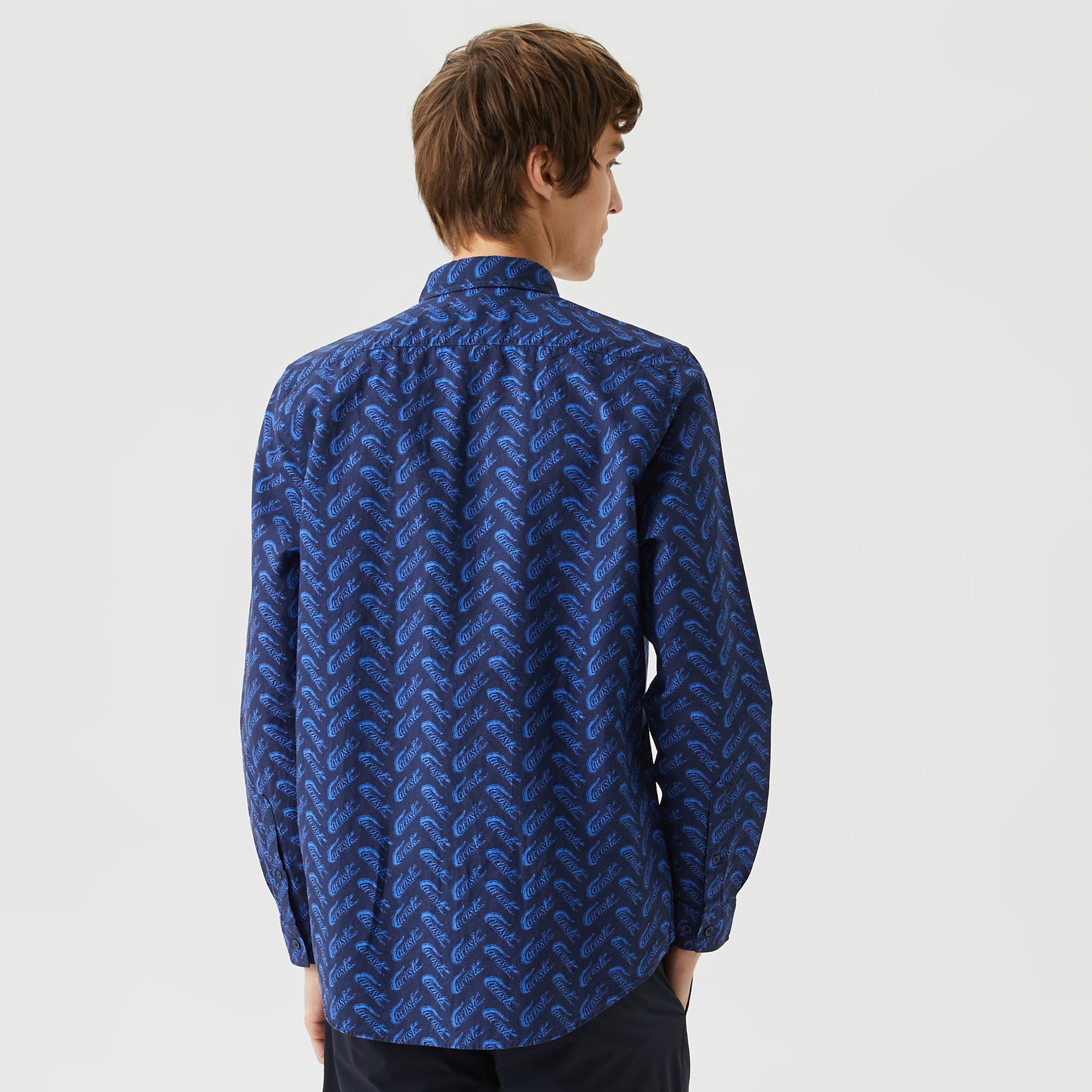 Erkek Regular Fit Düğmeli Yaka Desenli Lacivert Gömlek