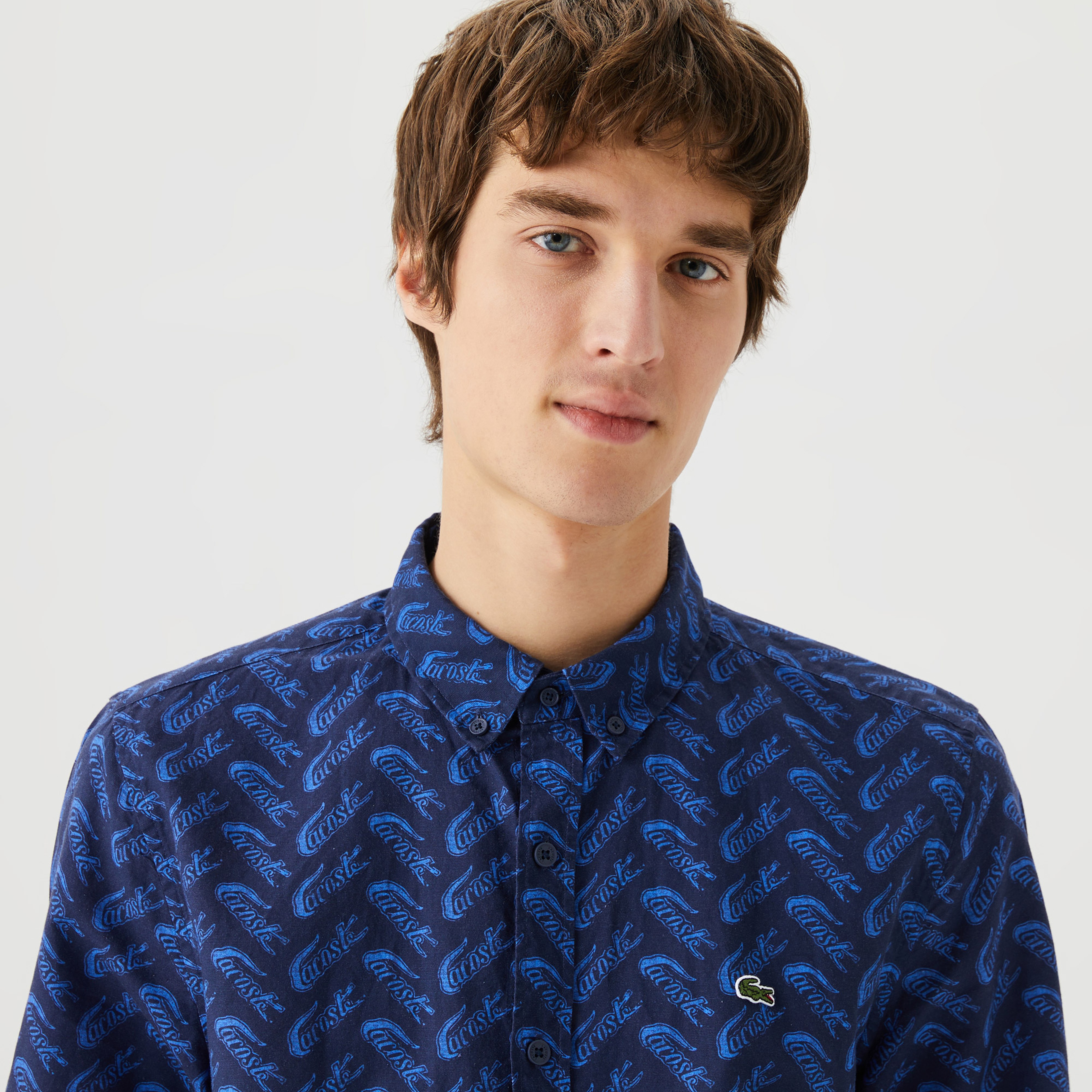 Erkek Regular Fit Düğmeli Yaka Desenli Lacivert Gömlek