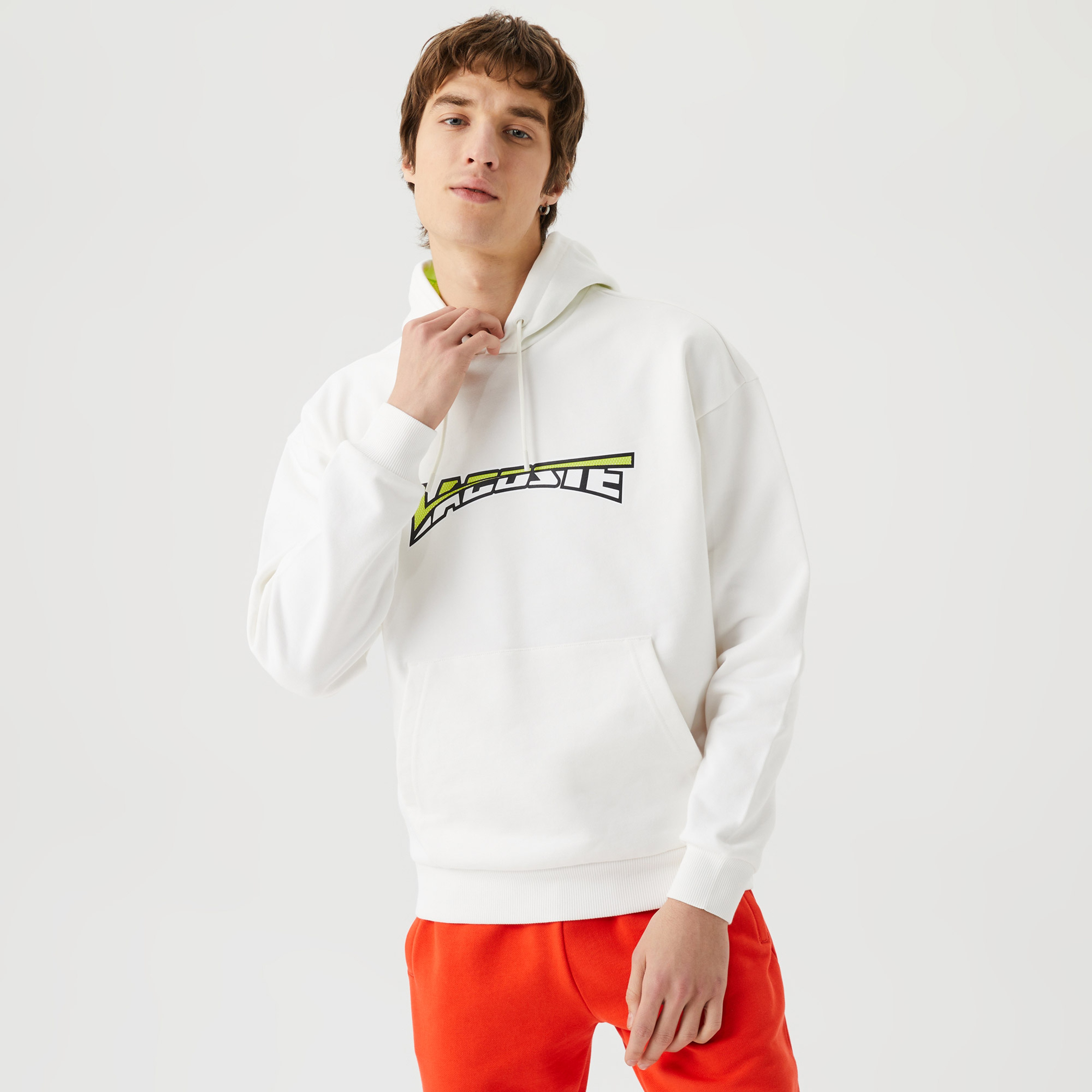 Erkek Relaxed Fit Kapüşonlu Baskılı Beyaz Sweatshirt