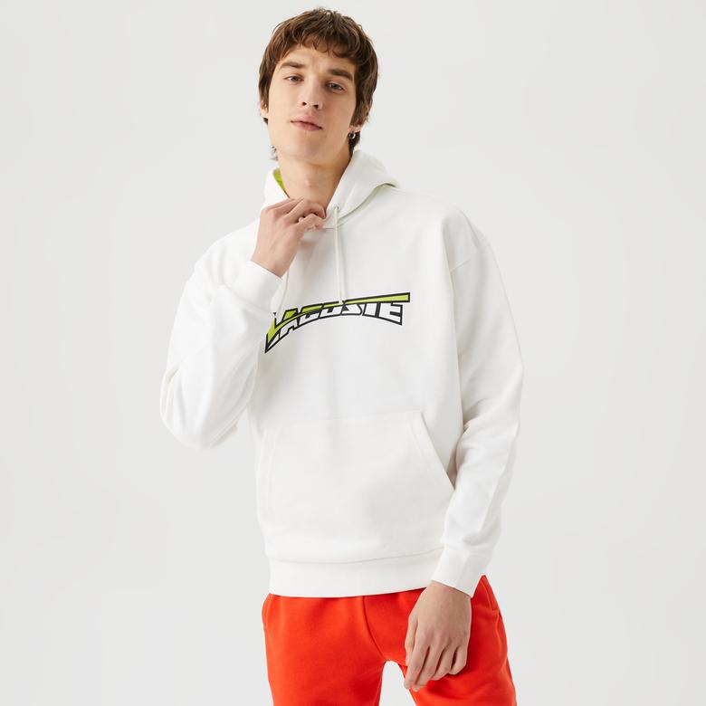 Erkek Relaxed Fit Kapüşonlu Baskılı Beyaz Sweatshirt