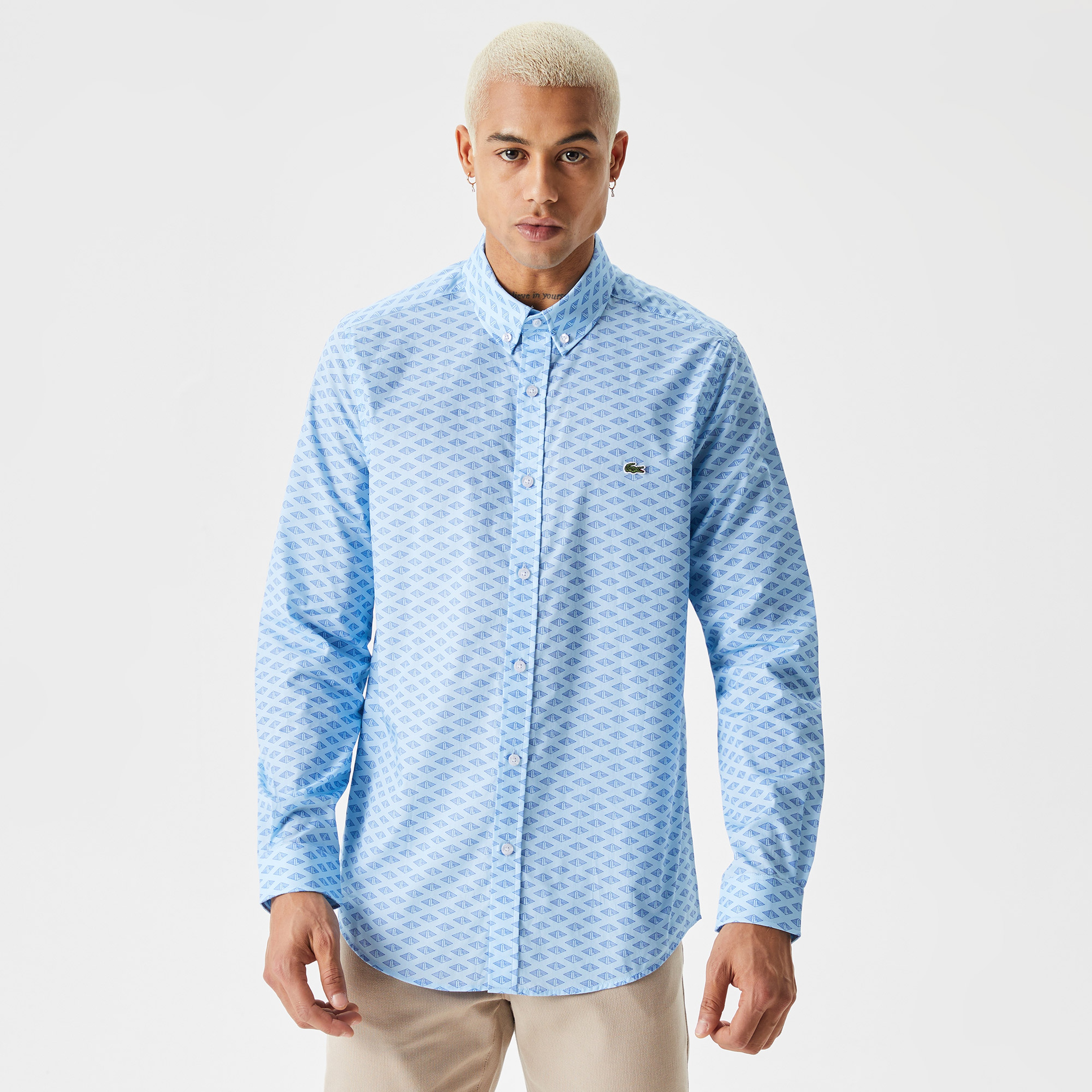 Erkek Slim Fit Düğmeli Yaka Monogram Mavi Gömlek