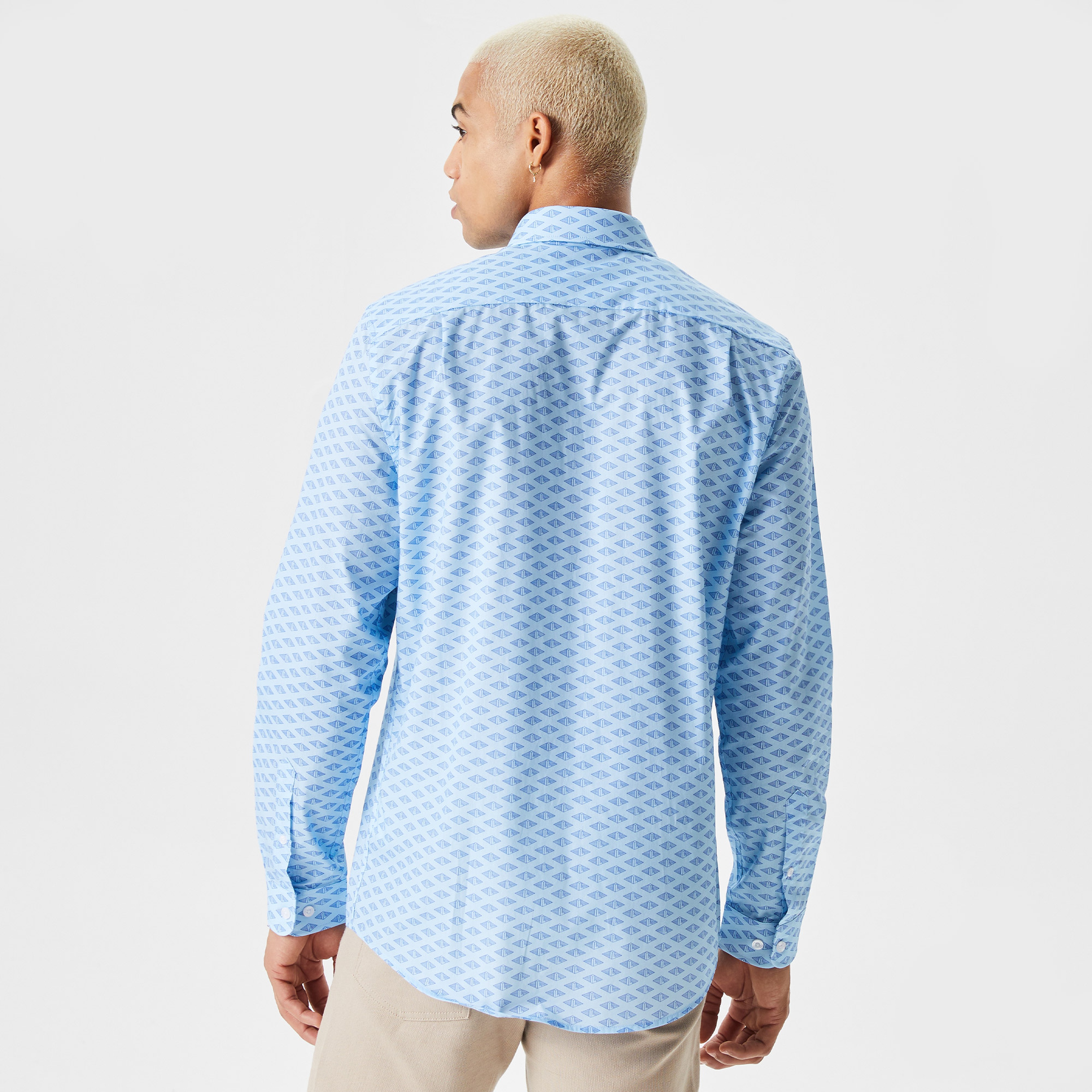 Erkek Slim Fit Düğmeli Yaka Monogram Mavi Gömlek